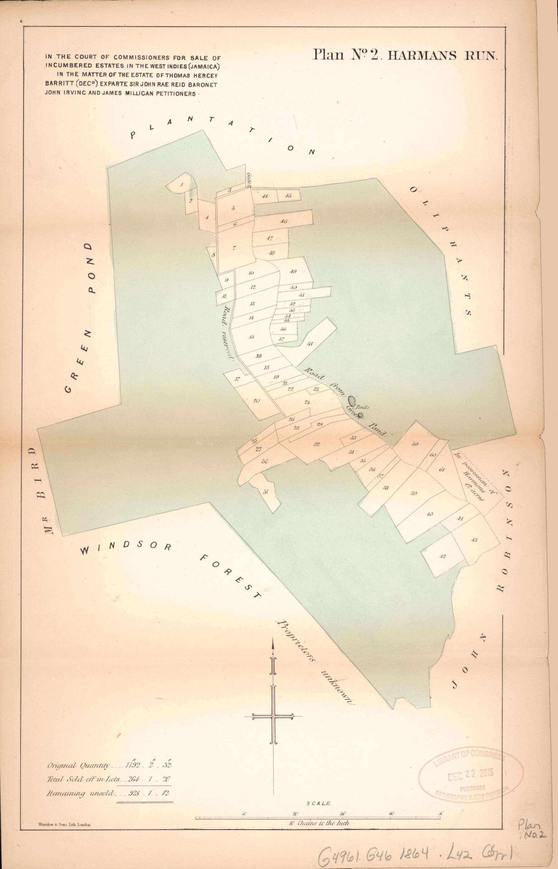 This old map of Plan No. 2. Harmans Run from Encumbered Estates In the West Indies (Jamaica) from 1864 was created by Henry James Stonor in 1864