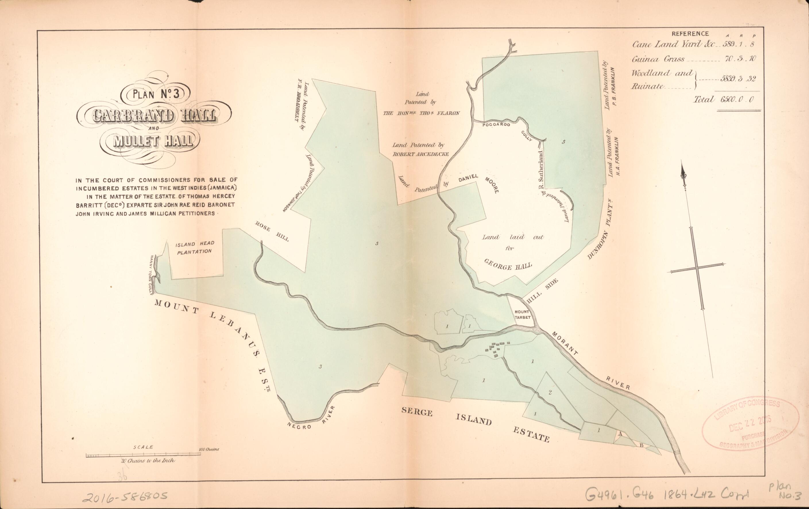 This old map of Plan No. 3 Garbrand Hall and Mullet Hall from Encumbered Estates In the West Indies (Jamaica) from 1864 was created by Henry James Stonor in 1864