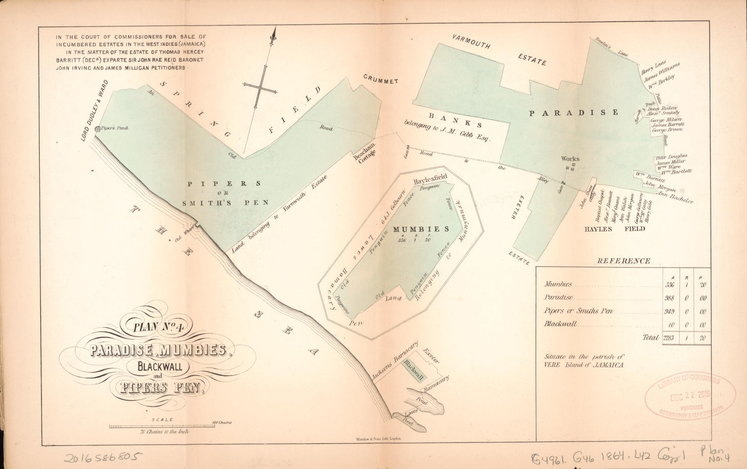 This old map of Plan No. 4 Paradise, Mumbies, Blackwall and Pipers Pen from Encumbered Estates In the West Indies (Jamaica) from 1864 was created by Henry James Stonor in 1864