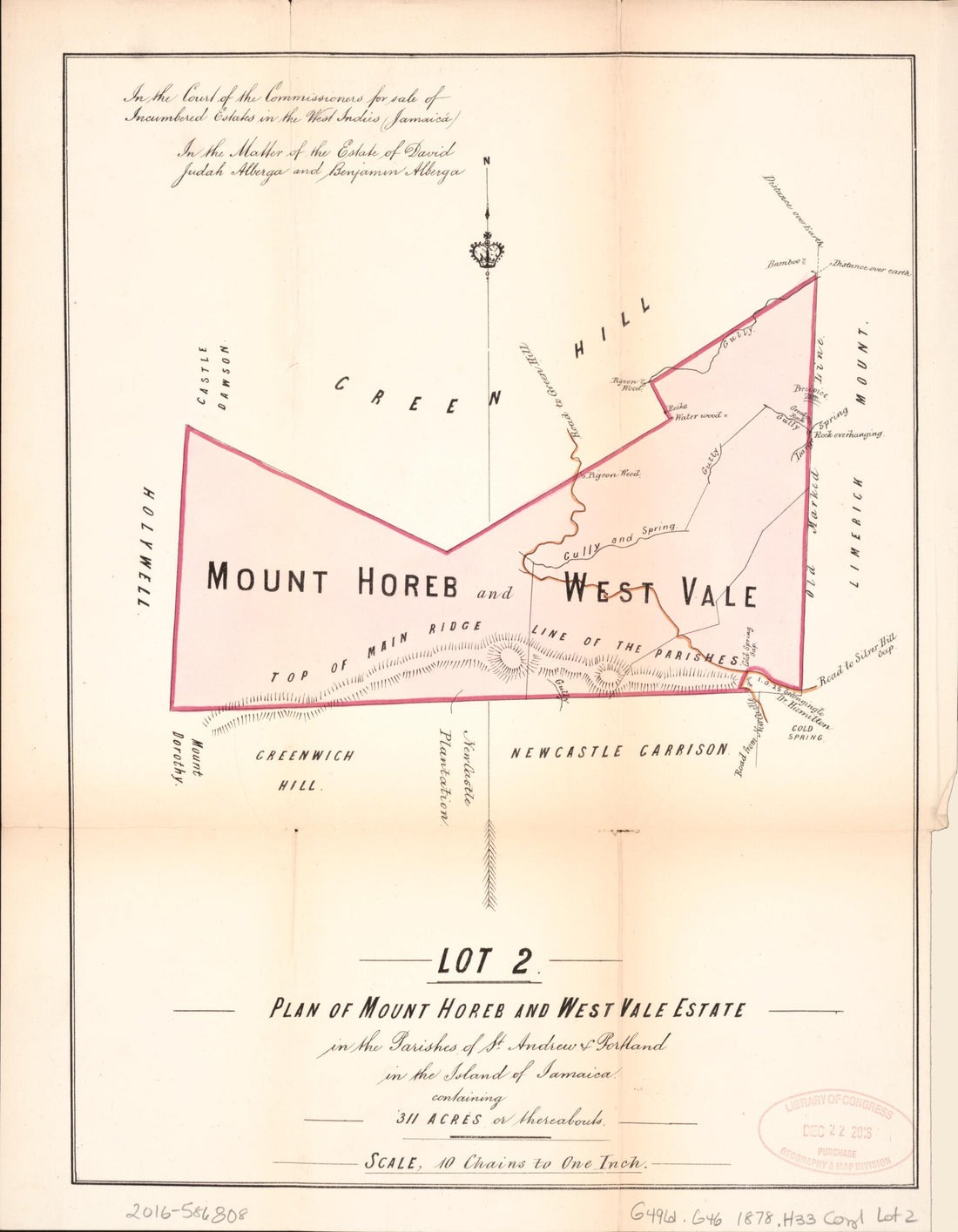 This old map of Lot 2. Plan of Mount Horeb and West Vale Estate from Encumbered Estates In the West Indies (Jamaica) from 1878 was created by Vaughan &amp; Jenkinson (Firm) Hards in 1878