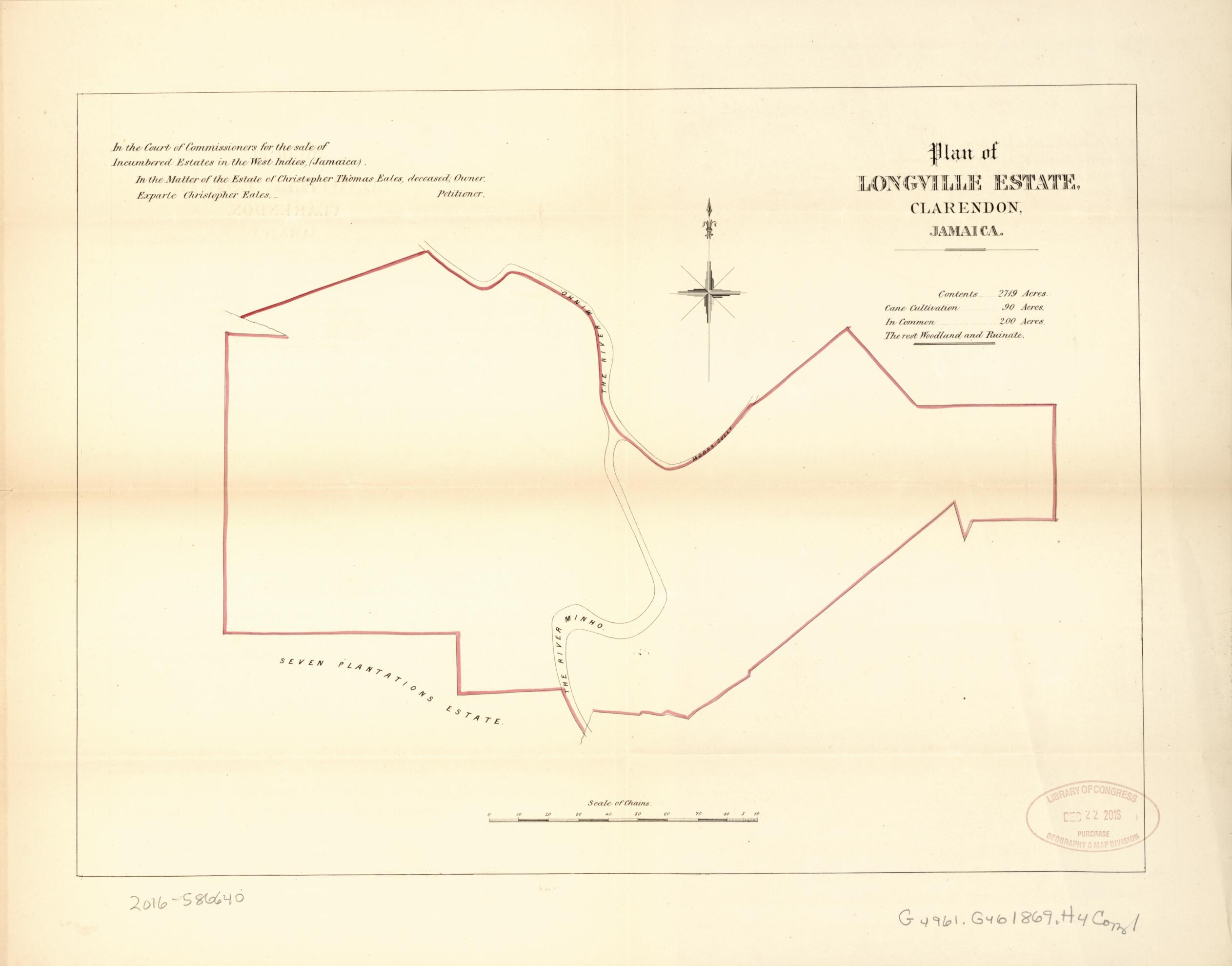 This old map of Plan of Longville Estate from Encumbered Estates In the West Indies (Jamaica) from 1869 was created by Vaughan &amp; Leifchild (Firm) Hards in 1869