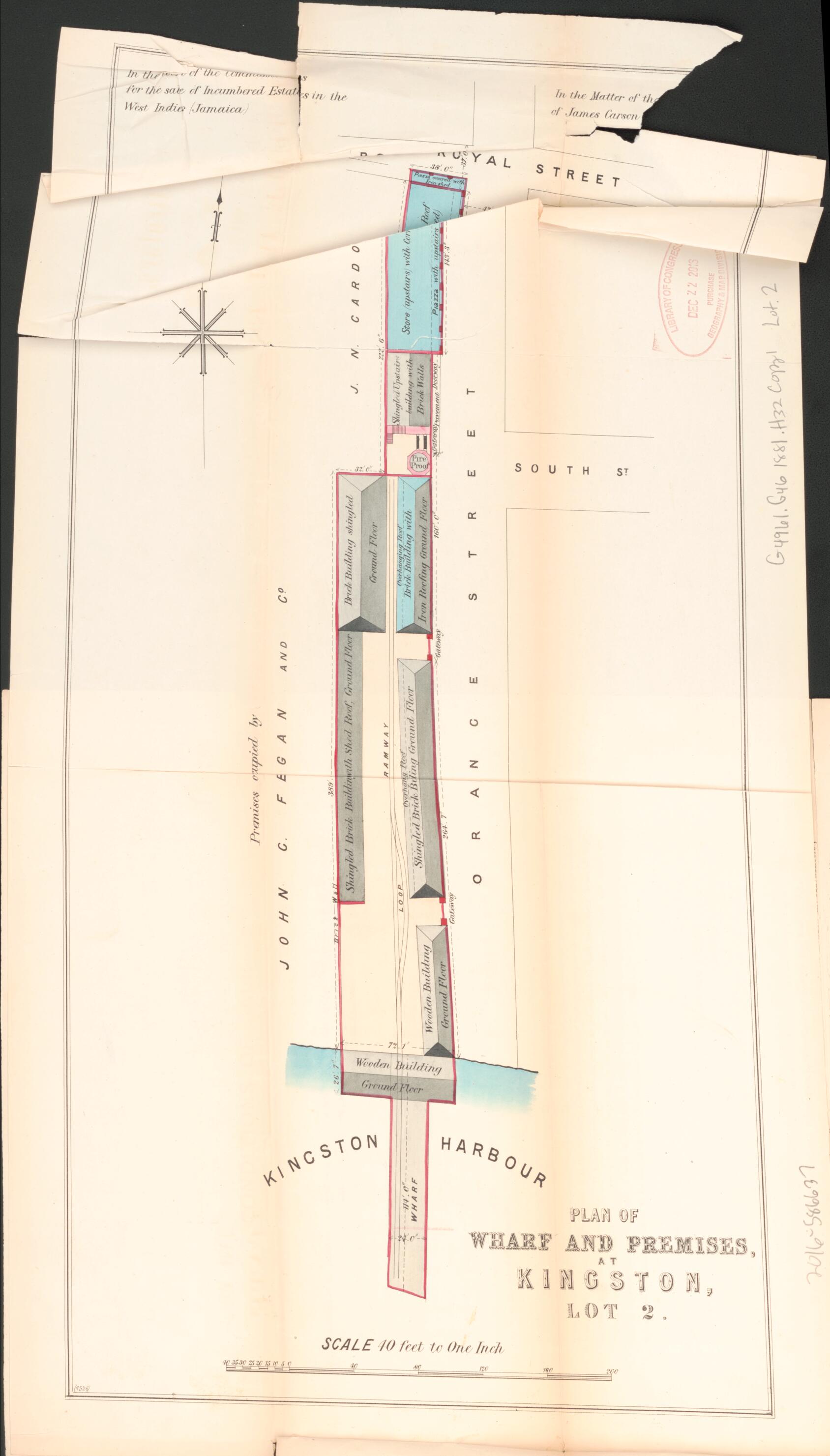 This old map of Plan of Wharf and Premises, at Kingston, Lot 2. from Encumbered Estates In the West Indies (Jamaica) from 1881 was created by Vaughan &amp; Jenkinson (Firm) Hards in 1881