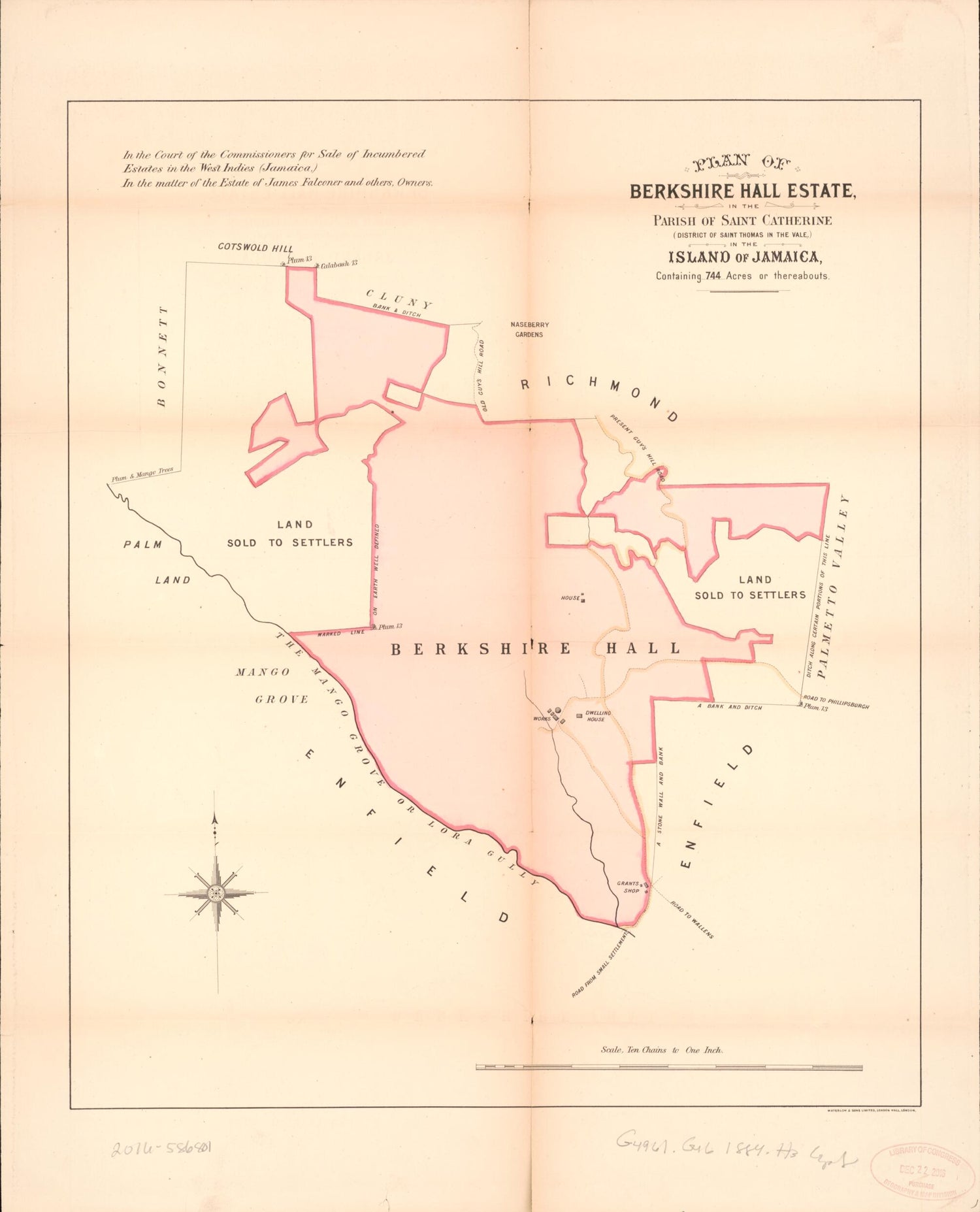This old map of Plan of Berkshire Hall Estate from Encumbered Estates In the West Indies (Jamaica) from 1884 was created by Vaughan &amp; Jenkinson (Firm) Hards in 1884
