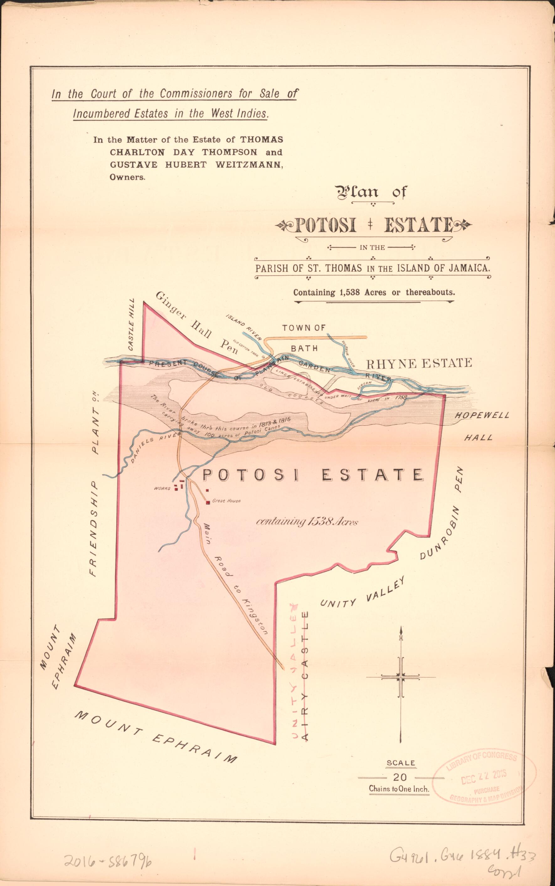 This old map of Plan of Potosi Estate from Encumbered Estates In the West Indies (Jamaica) from 1884 was created by Vaughan &amp; Jenkinson (Firm) Hards in 1884