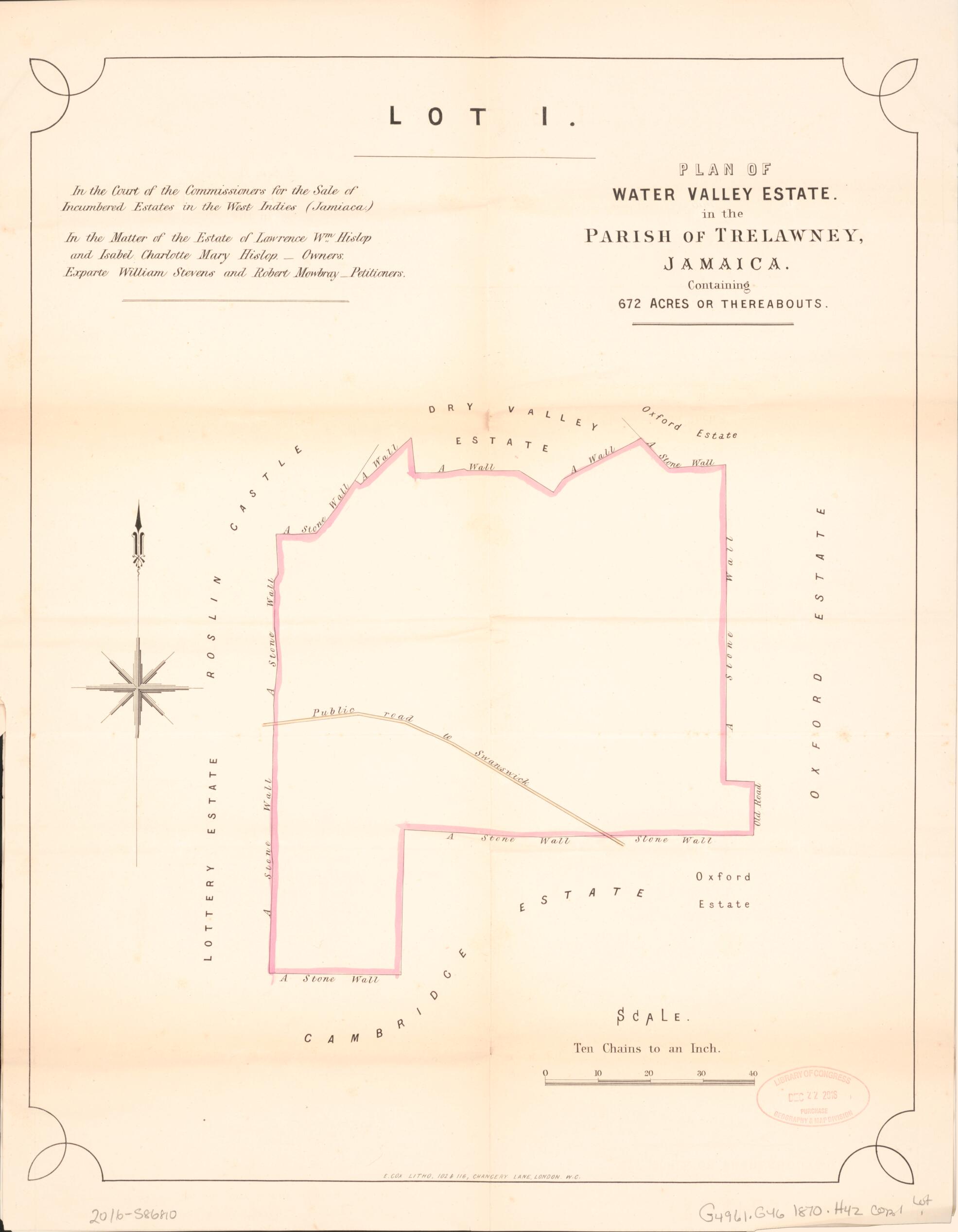 This old map of Lot 1. Plan of Water Valley Estate from Encumbered Estates In the West Indies (Jamaica) from 1870 was created by Vaughan &amp; Leifchild (Firm) Hards in 1870
