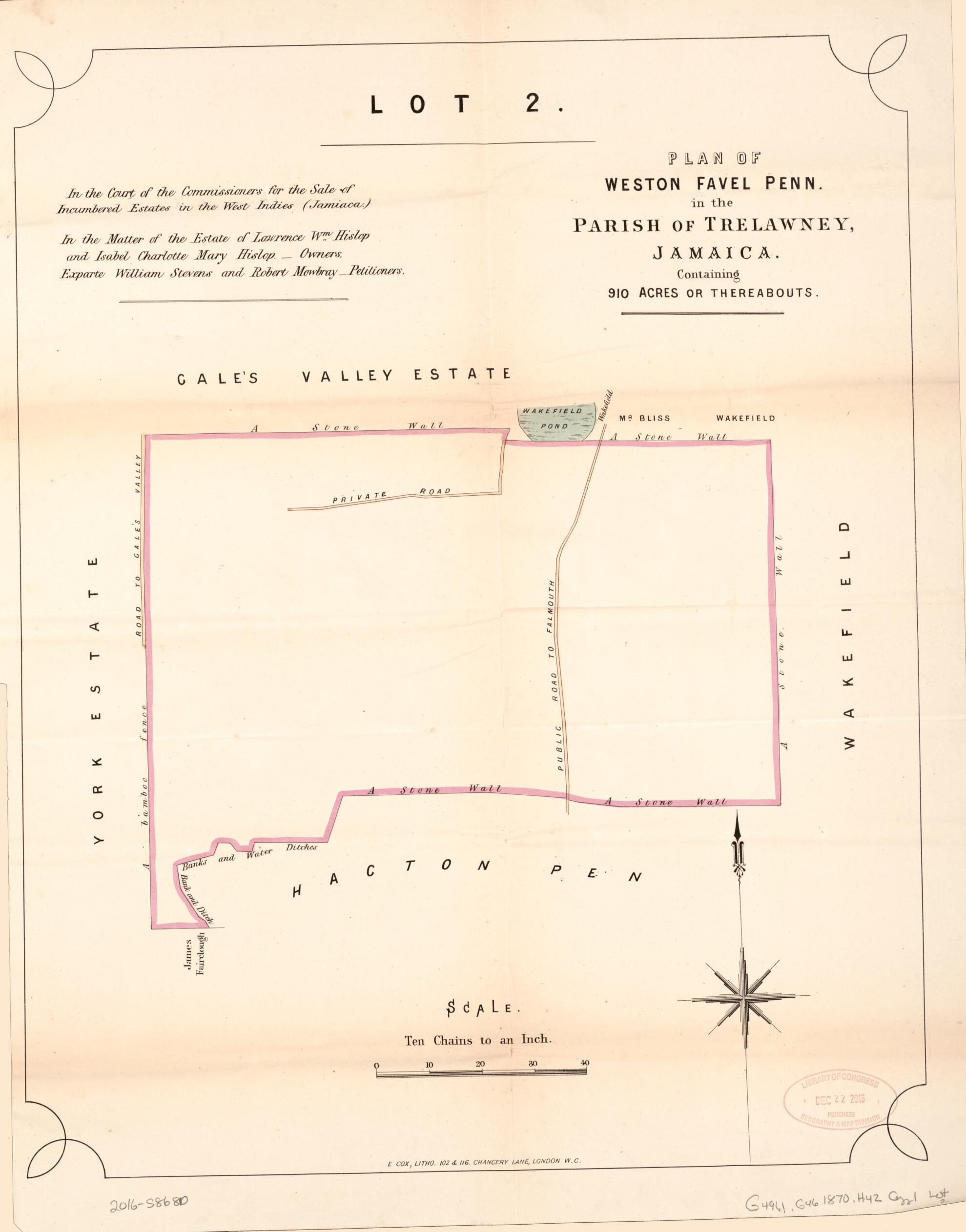 This old map of Lot 2. Plan of Weston Favel Penn. from Encumbered Estates In the West Indies (Jamaica) from 1870 was created by Vaughan &amp; Leifchild (Firm) Hards in 1870