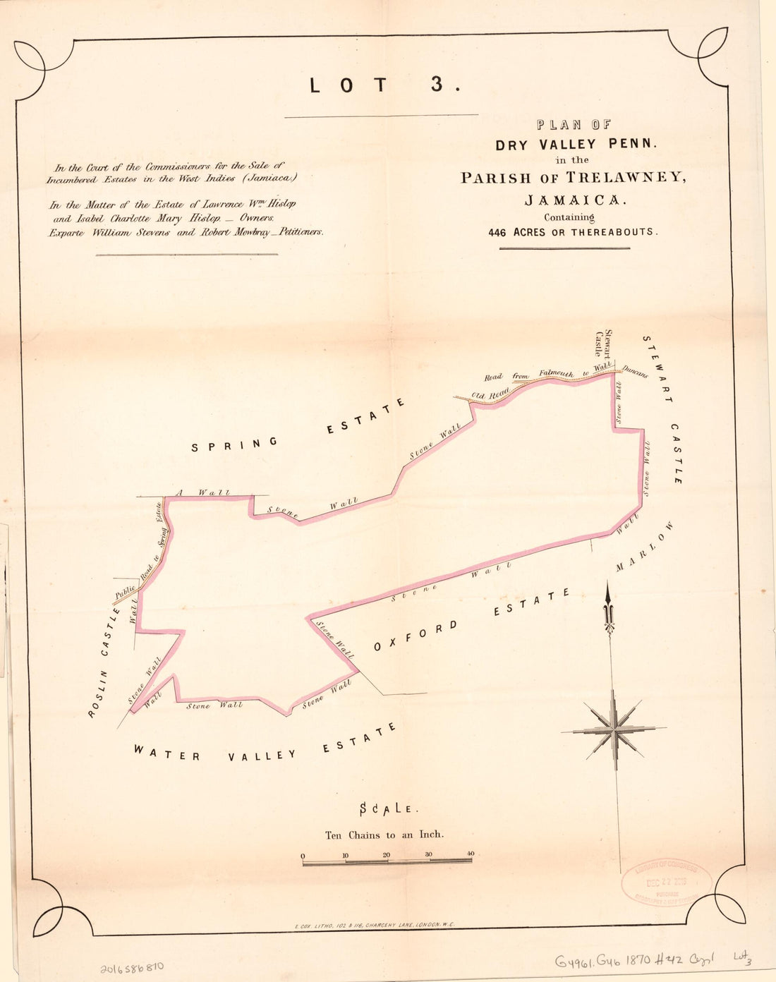 This old map of Lot 3. Plan of Dry Valley Penn. from Encumbered Estates In the West Indies (Jamaica) from 1870 was created by Vaughan &amp; Leifchild (Firm) Hards in 1870