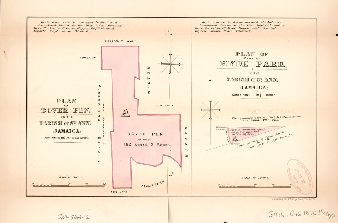 This old map of Plan of Dover Pen; Plan of Part of Hyde Park from Encumbered Estates In the West Indies (Jamaica) from 1870 was created by Vaughan &amp; Leifchild (Firm) Hards in 1870