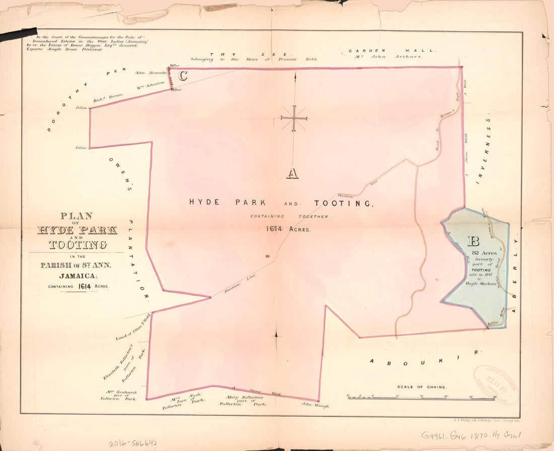 This old map of Plan of Hyde Park and Tooting from Encumbered Estates In the West Indies (Jamaica) from 1870 was created by Vaughan &amp; Leifchild (Firm) Hards in 1870