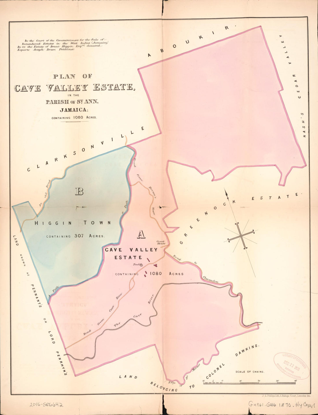 This old map of Plan of Cave Valley Estate from Encumbered Estates In the West Indies (Jamaica) from 1870 was created by Vaughan &amp; Leifchild (Firm) Hards in 1870