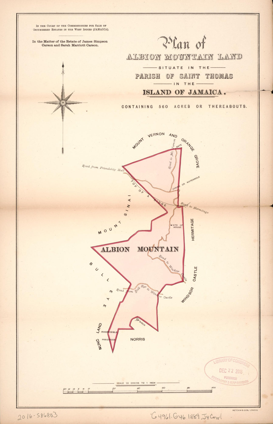 This old map of Plan of Albion Mountain Land from Encumbered Estates In the West Indies (Jamaica) from 1889 was created by W. W. Jenkinson in 1889