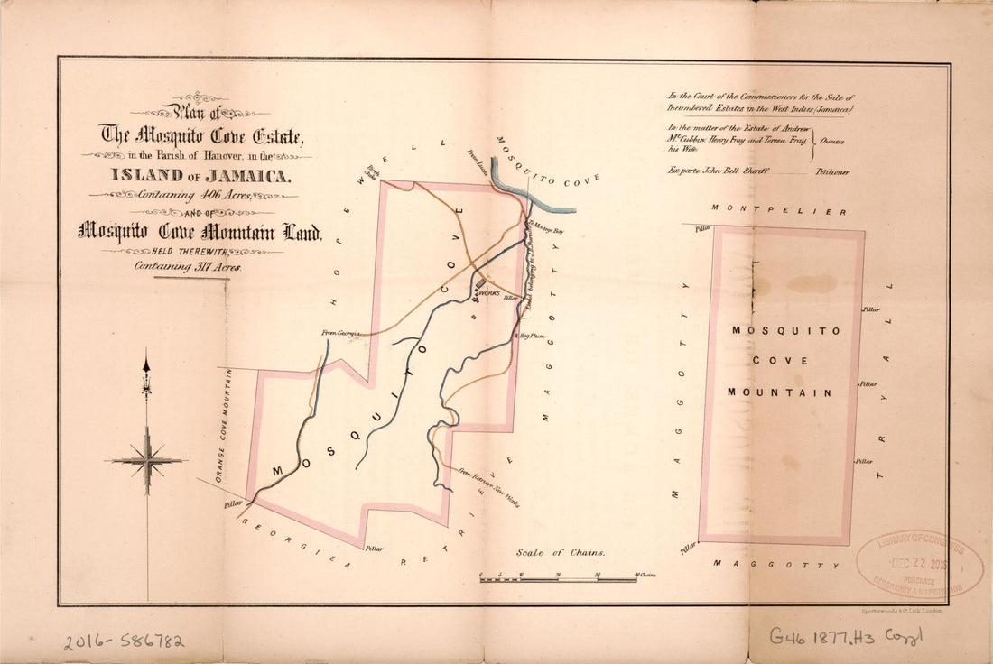 This old map of Plan of the Mosquito Cove Estate from Encumbered Estates In the West Indies (Jamaica) from 1877 was created by Vaughan &amp; Jenkinson (Firm) Hards in 1877