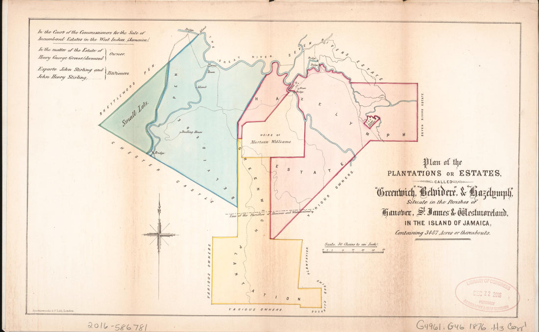 This old map of Plan of the Plantations Or Estates from Encumbered Estates In the West Indies (Jamaica) from 1876 was created by Vaughan &amp; Jenkinson (Firm) Hards in 1876