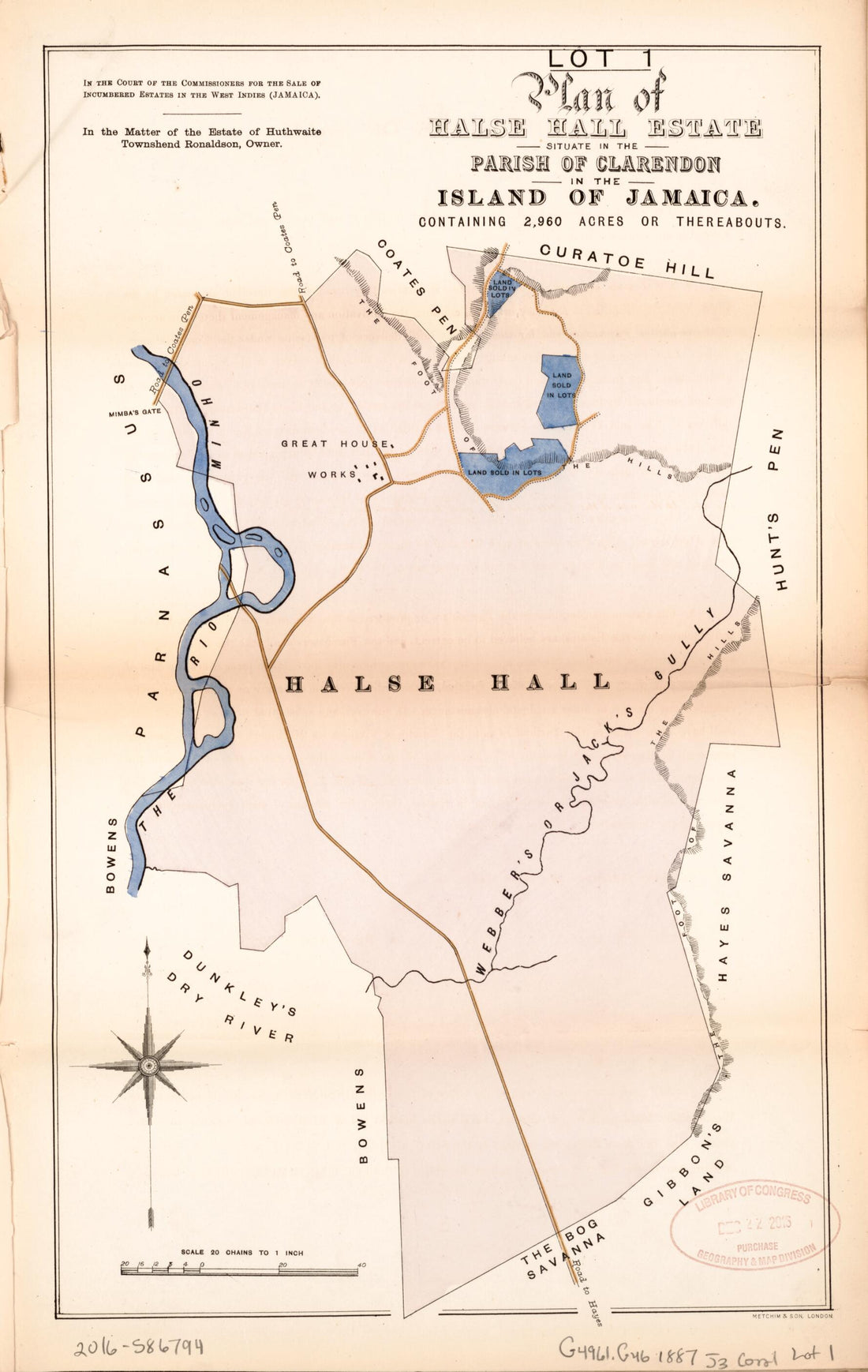 This old map of Lot 1 Plan of Halse Hall Estate from Encumbered Estates In the West Indies (Jamaica) from 1887 was created by  in 1887