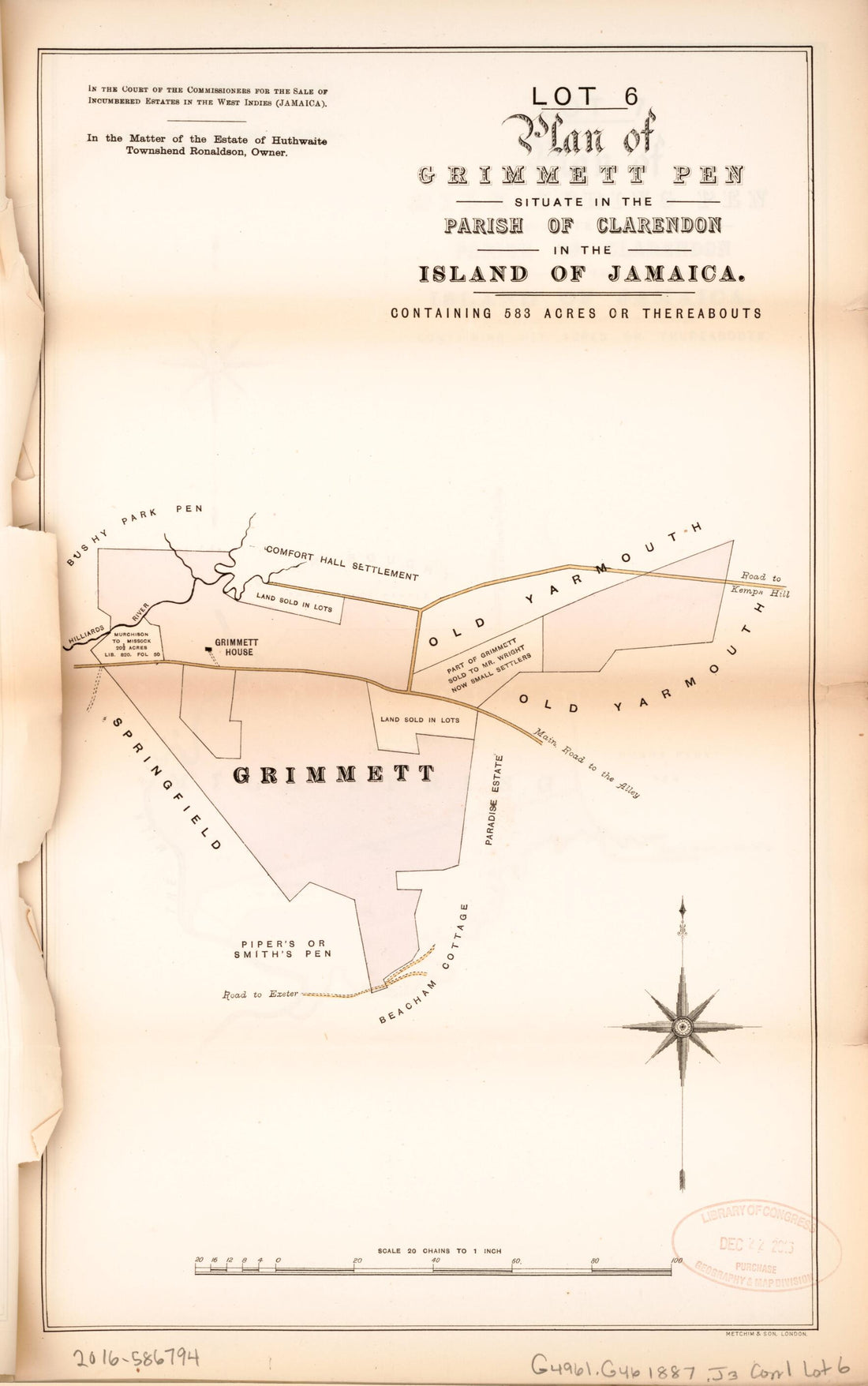 This old map of Lot 6 Plan of Grimmett Pen from Encumbered Estates In the West Indies (Jamaica) from 1887 was created by  in 1887