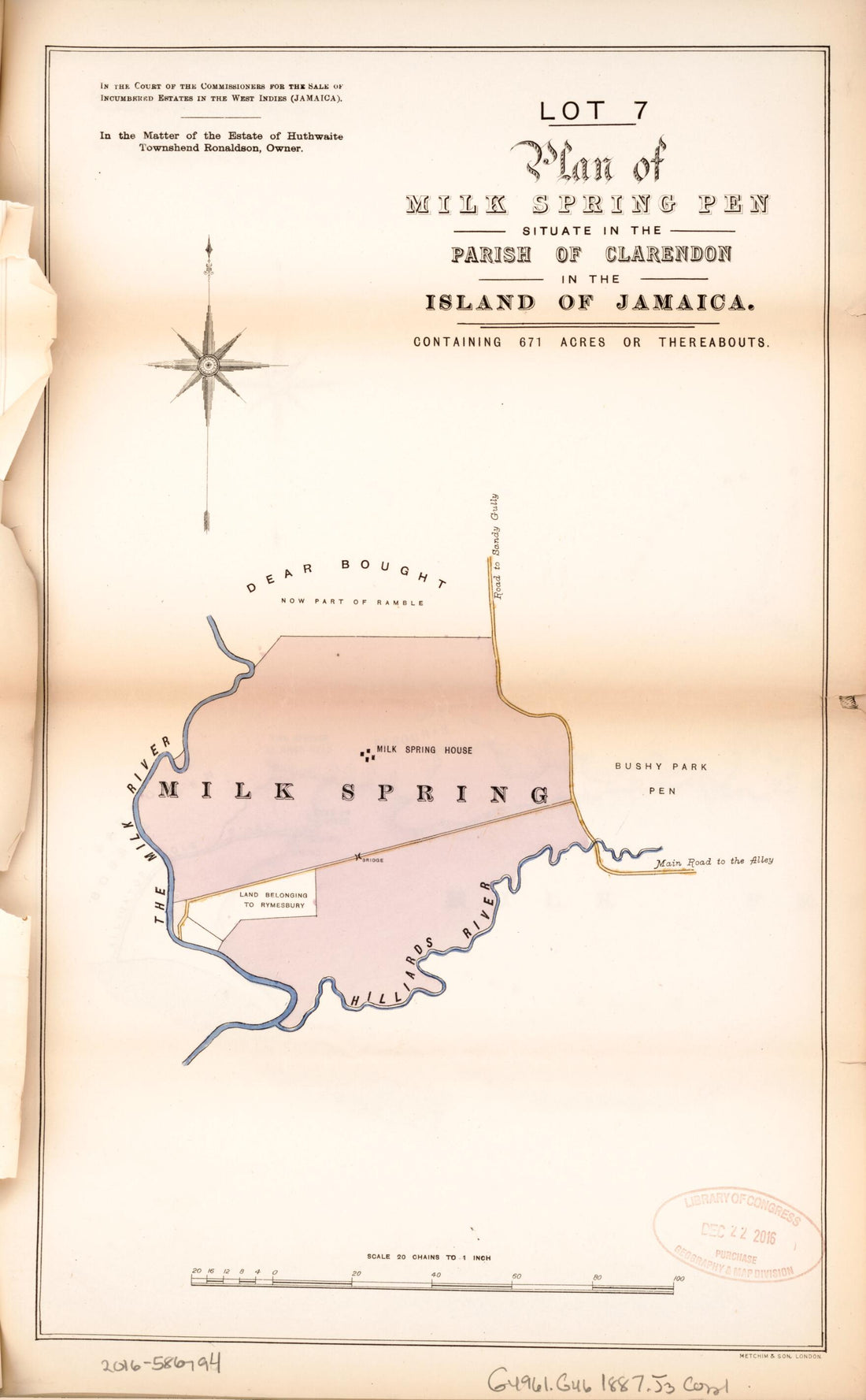 This old map of Lot 7 Plan of Milk Spring Pen from Encumbered Estates In the West Indies (Jamaica) from 1887 was created by  in 1887