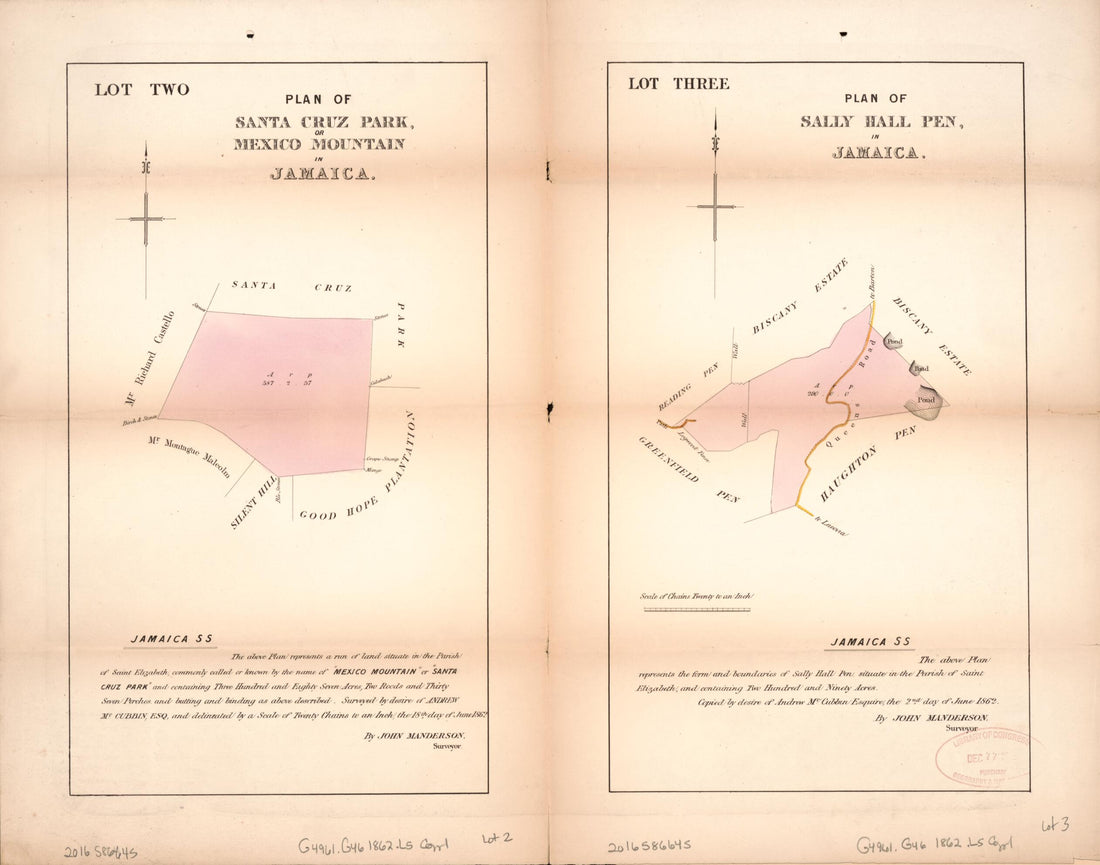 This old map of Lot Two Plan of Santa Cruz Park; Lot Three Plan of Sally Hall Pen from Encumbered Estates In the West Indies (Jamaica) from 1862 was created by Son &amp; Cheffins (Firm) Leifchild in 1862