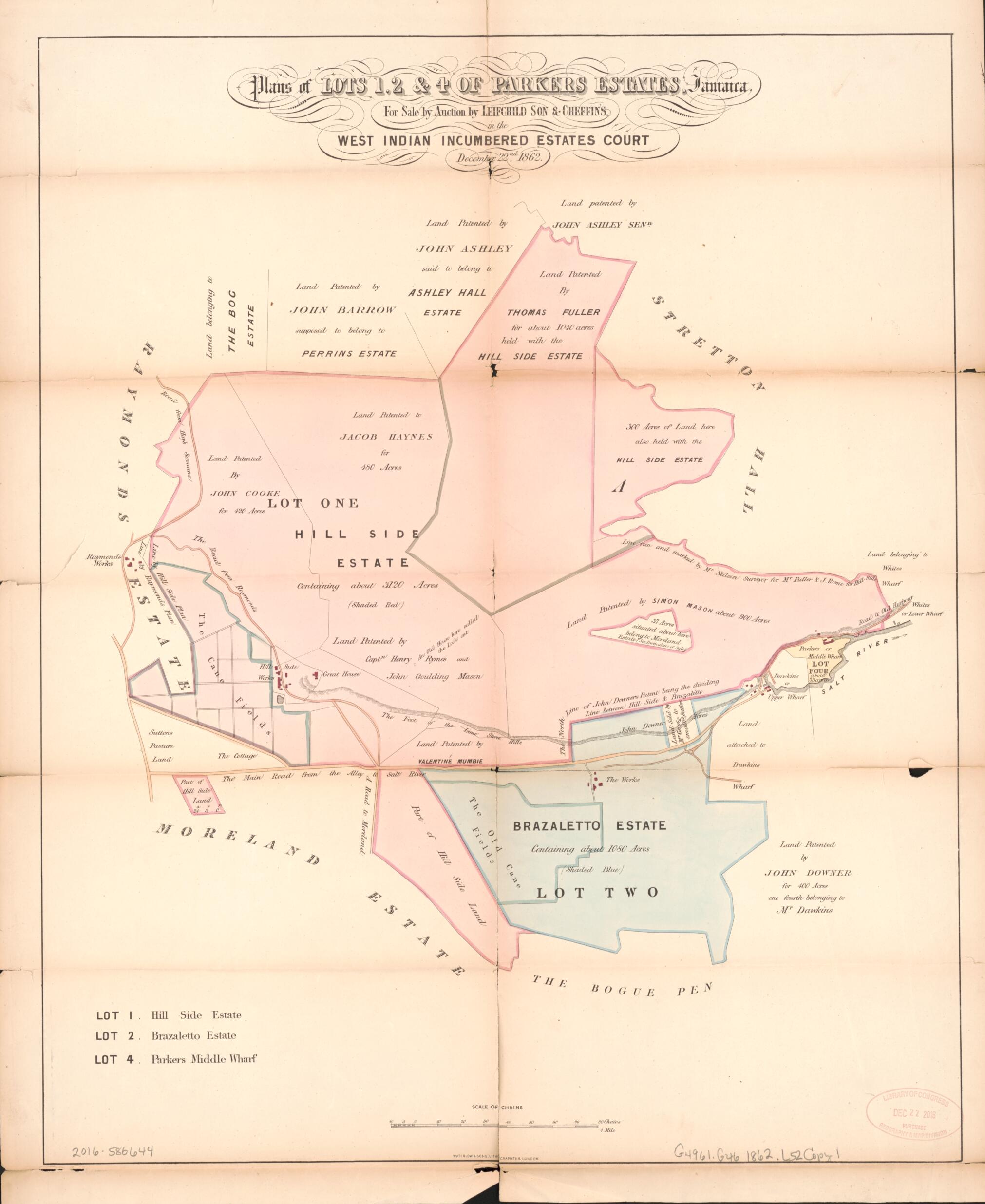 This old map of Plan of Lots 1, 2 &amp; 4 of Parkers Estate, Jamaica from Encumbered Estates In the West Indies (Jamaica) from 1862 was created by Henry James Stonor in 1862