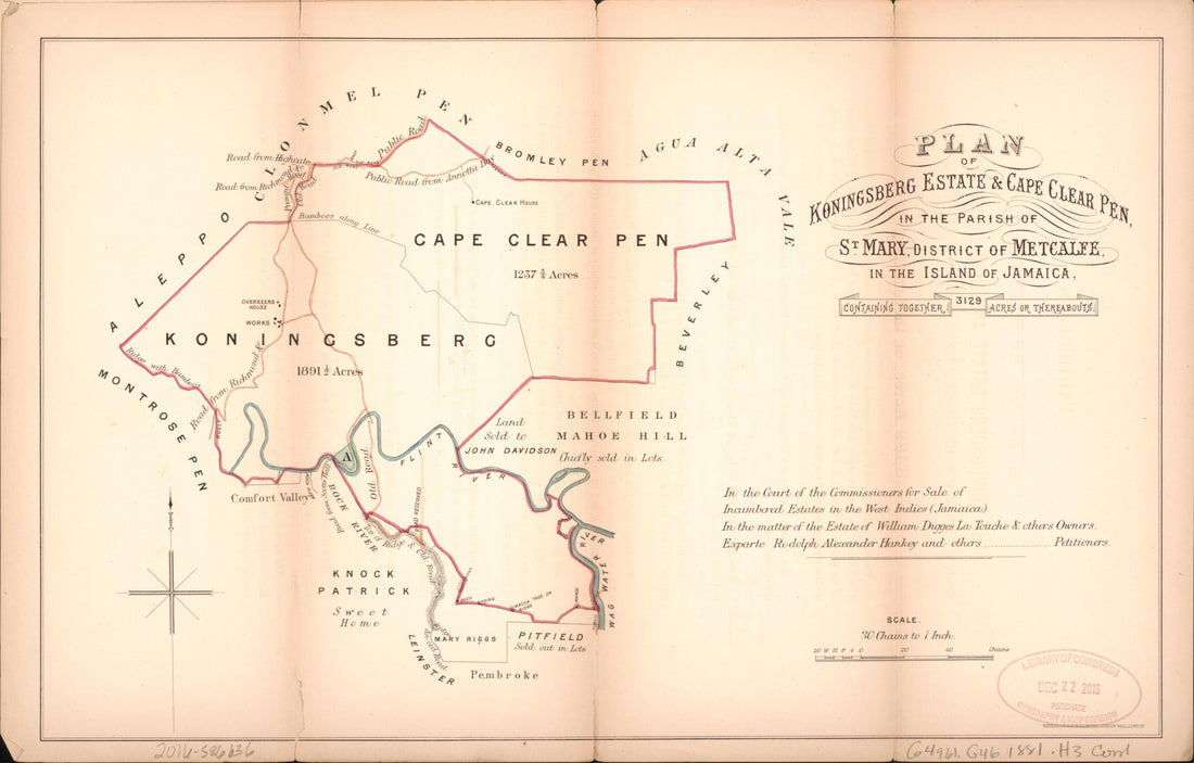 This old map of Plan of Koningsberg Estate &amp; Cape Clear Pen from Encumbered Estates In the West Indies (Jamaica) from 1881 was created by Vaughan &amp; Jenkinson (Firm) Hards in 1881