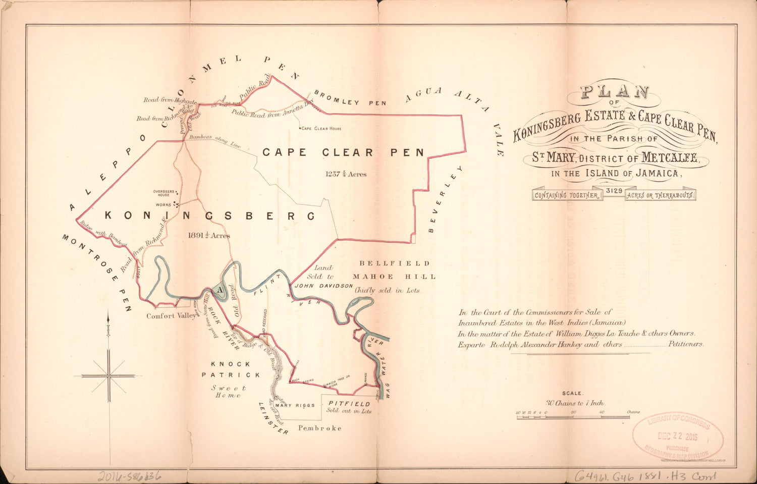 This old map of Plan of Koningsberg Estate &amp; Cape Clear Pen from Encumbered Estates In the West Indies (Jamaica) from 1881 was created by Vaughan &amp; Jenkinson (Firm) Hards in 1881