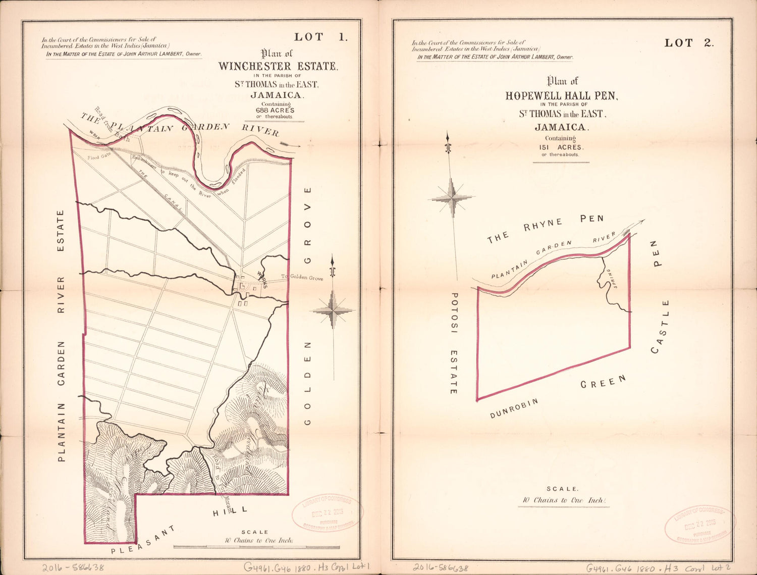 This old map of Lot 1. Plan of Winchester Estate; Lot 2. Plan of Hopewell Hall Pen from Encumbered Estates In the West Indies (Jamaica) from 1880 was created by Vaughan &amp; Jenkinson (Firm) Hards in 1880