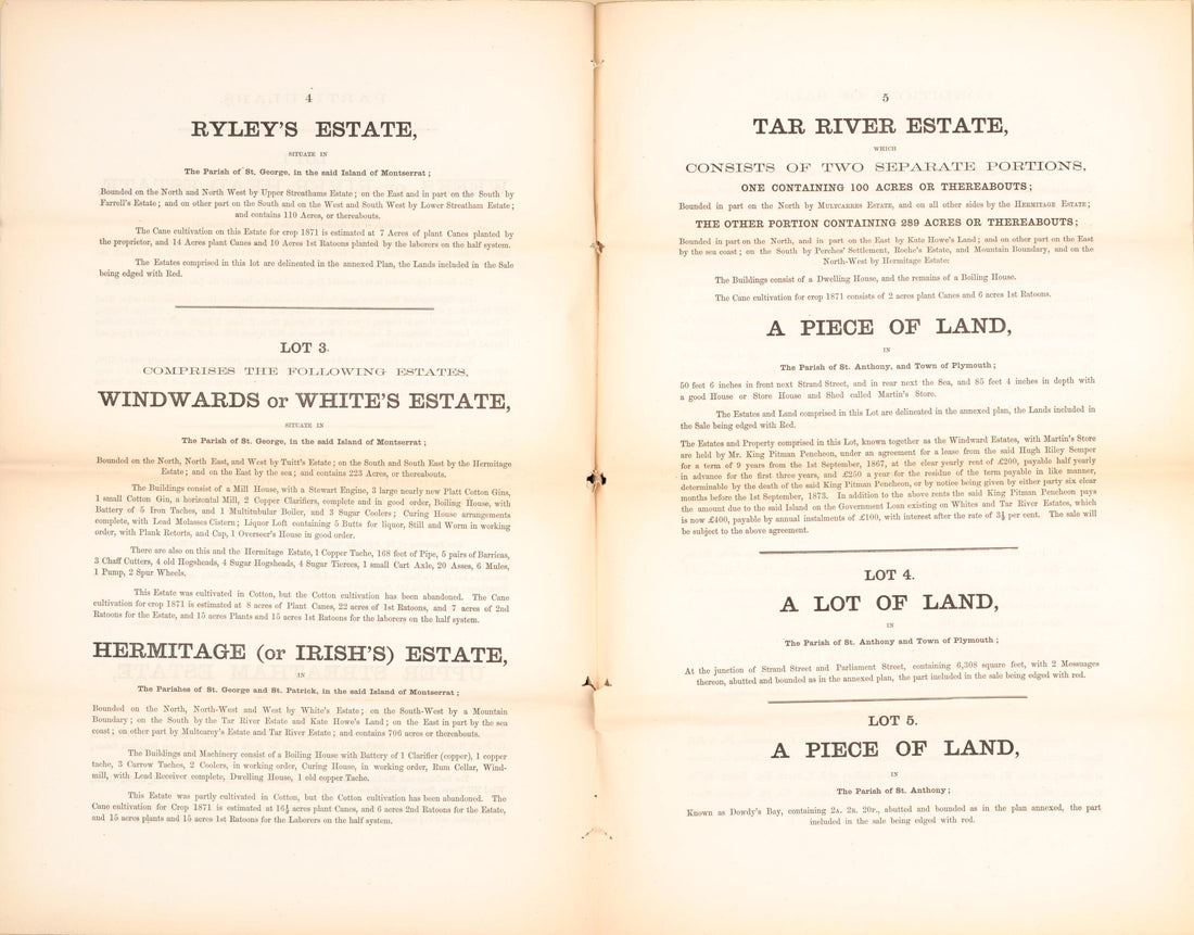 This old map of Page 4; Page 5 from Encumbered Estates In the West Indies (Montserrat) from 1870 was created by Vaughan &amp; Leifchild (Firm) Hards in 1870