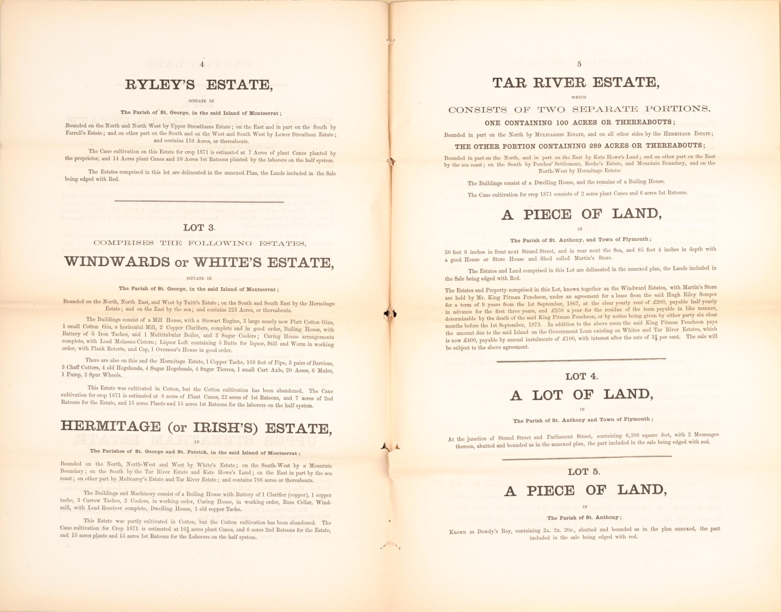 This old map of Page 4; Page 5 from Encumbered Estates In the West Indies (Montserrat) from 1870 was created by Vaughan &amp; Leifchild (Firm) Hards in 1870