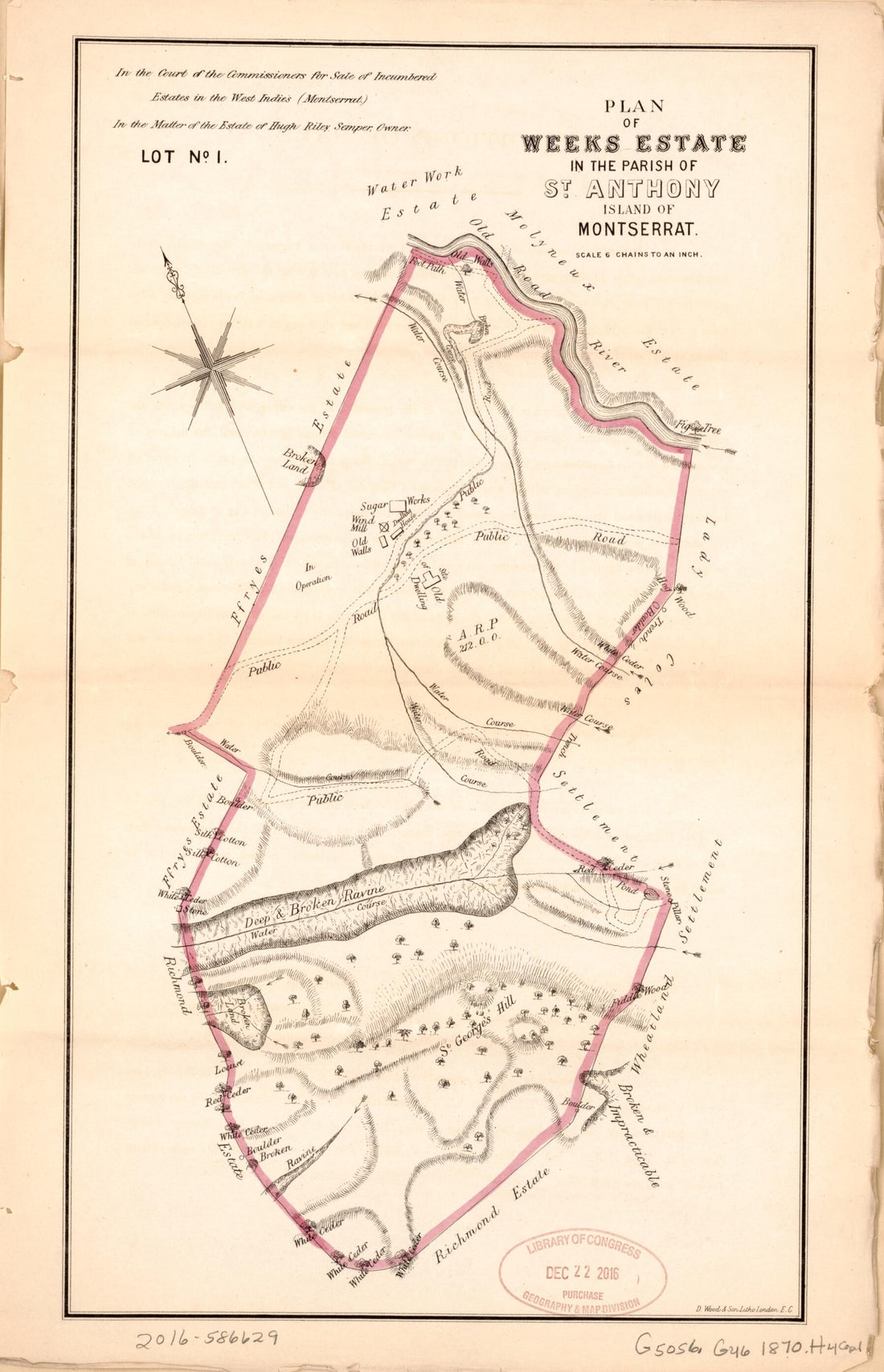 This old map of Plan of Weeks Estate from Encumbered Estates In the West Indies (Montserrat) from 1870 was created by Vaughan &amp; Leifchild (Firm) Hards in 1870