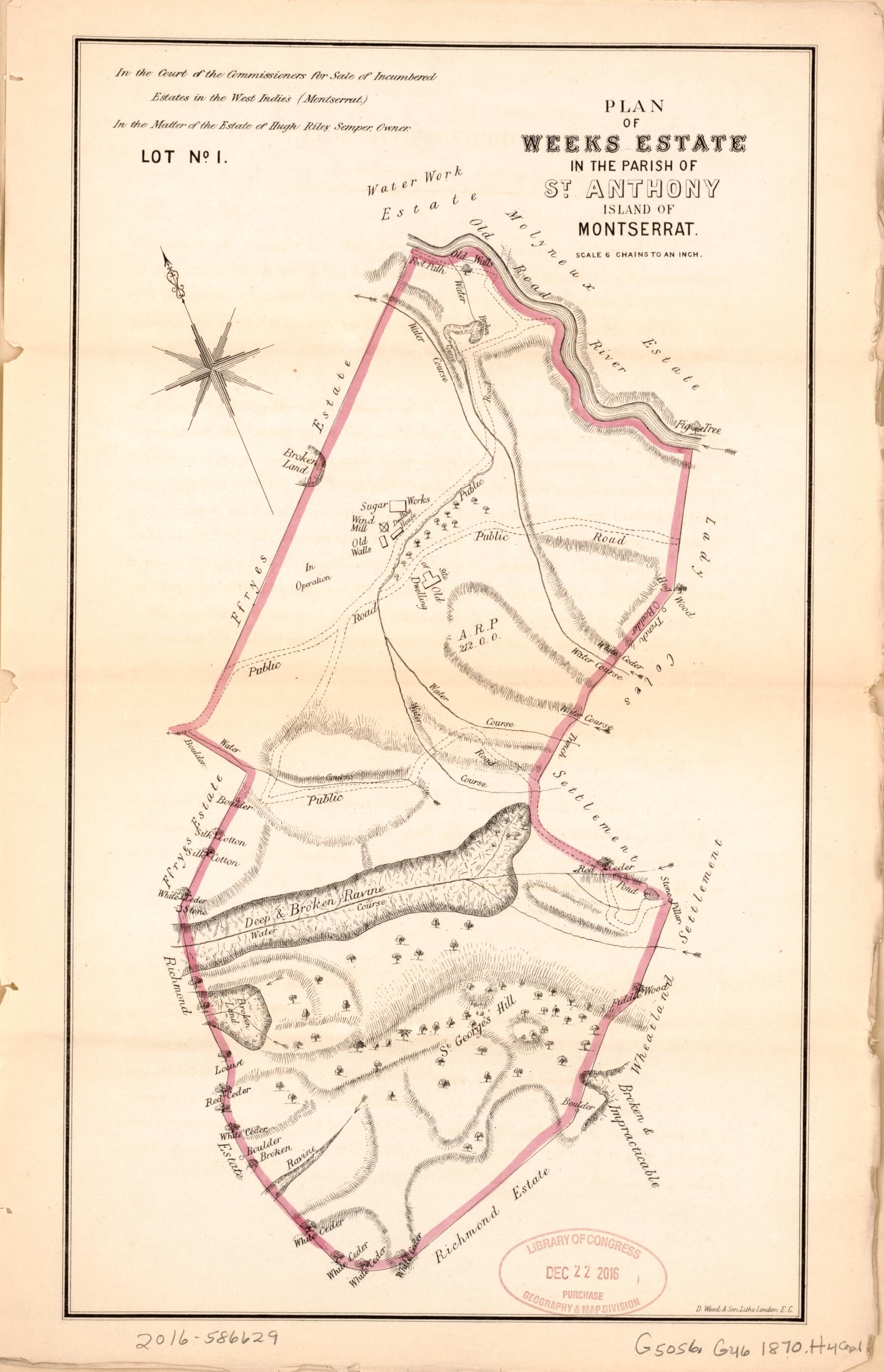 This old map of Plan of Weeks Estate from Encumbered Estates In the West Indies (Montserrat) from 1870 was created by Vaughan &amp; Leifchild (Firm) Hards in 1870