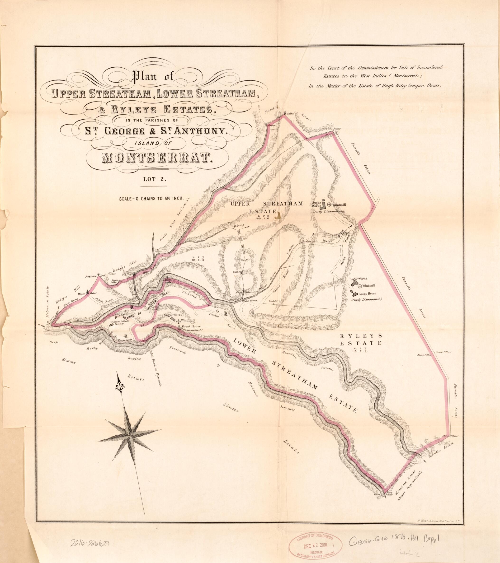 This old map of Plan of Upper Streatham, Lower Streatham, &amp; Ryleys Estate from Encumbered Estates In the West Indies (Montserrat) from 1870 was created by Vaughan &amp; Leifchild (Firm) Hards in 1870