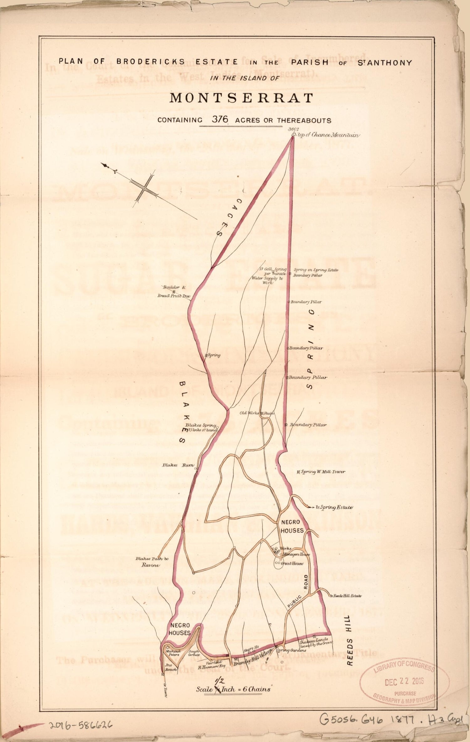 This old map of Plan of Brodericks Estate from Encumbered Estates In the West Indies (Montserrat) from 1877 was created by Vaughan &amp; Jenkinson (Firm) Hards in 1877