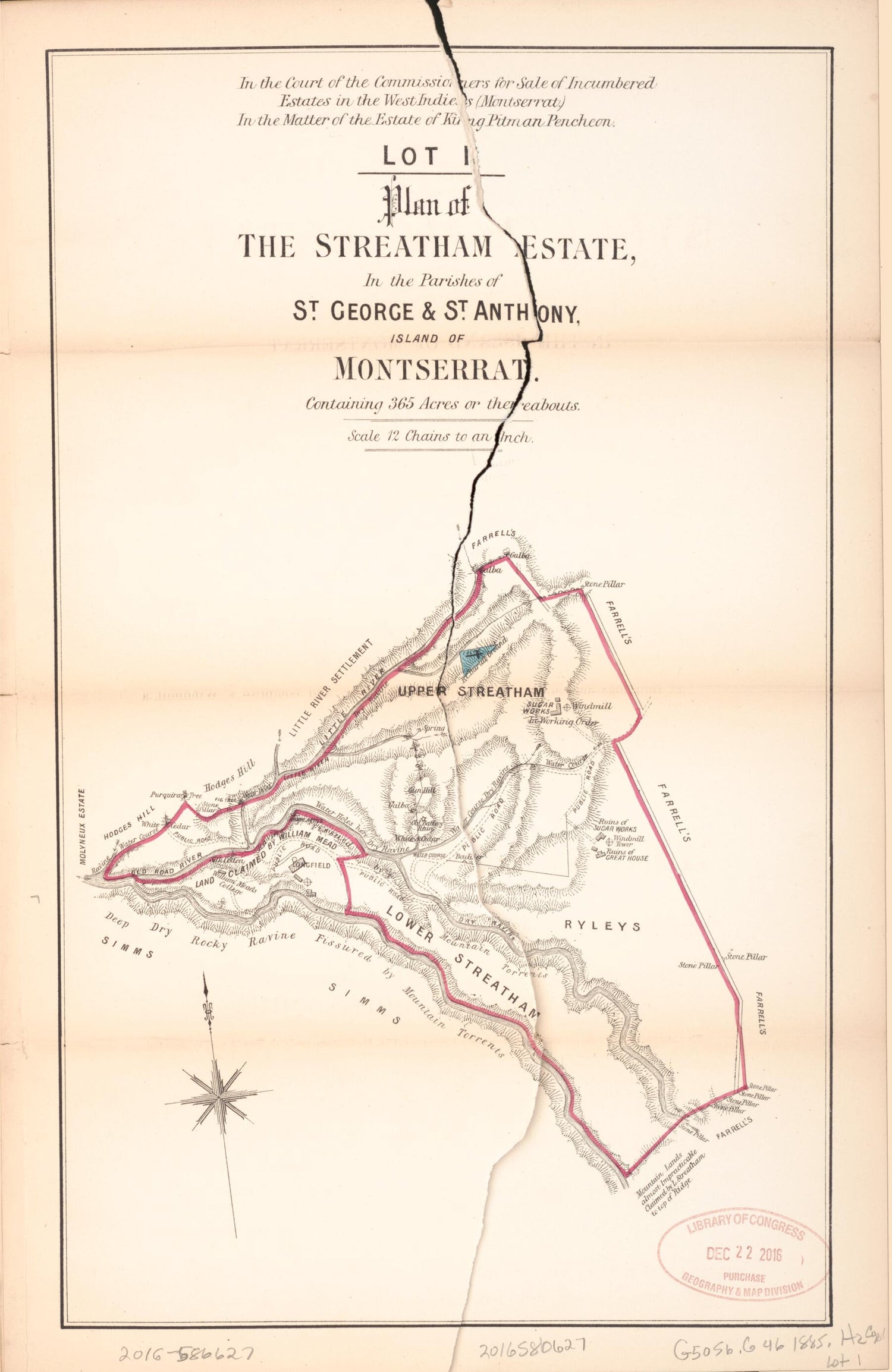 This old map of Lot 1. Plan of the Streatham Estate from Encumbered Estates In the West Indies (Montserrat) from 1885 was created by  Hards &amp; Jenkinson (Firm) in 1885