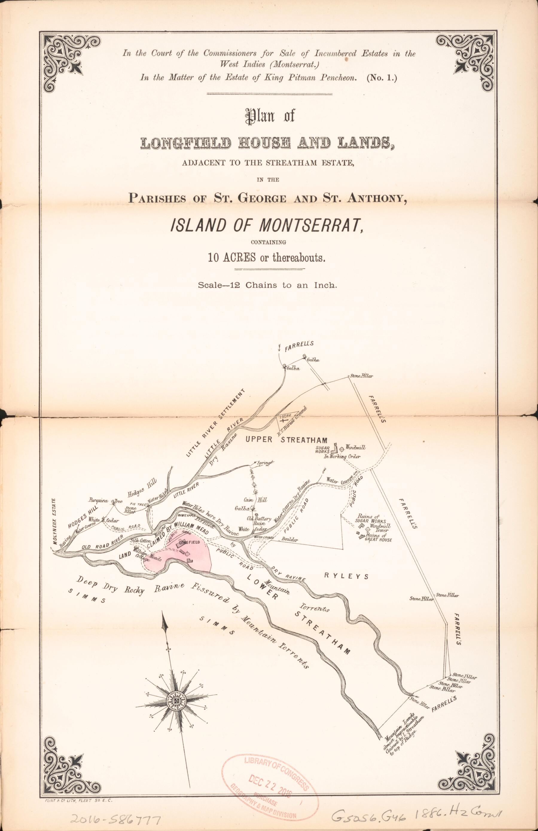 This old map of Plan of Longfield House and Lands from Encumbered Estates In the West Indies (Montserrat) from 1886 was created by  Hards &amp; Jenkinson (Firm) in 1886