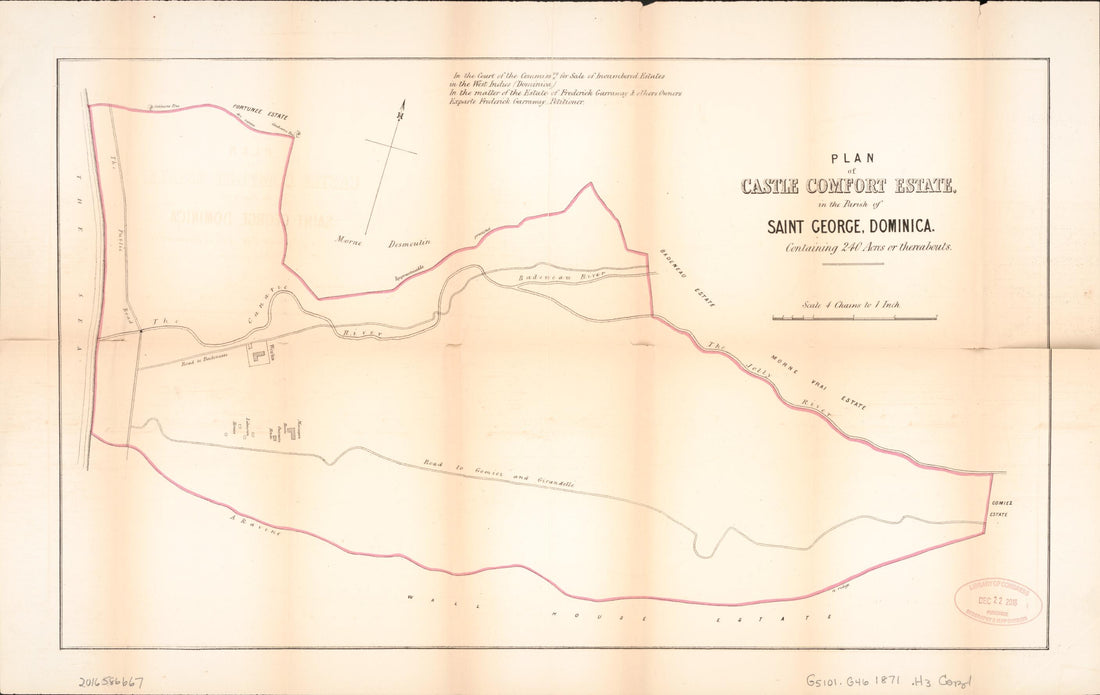 This old map of Plan of Castle Comfort Estate from Encumbered Estates In the West Indies (Dominica) from 1871 was created by Vaughan &amp; Leifchild (Firm) Hards in 1871