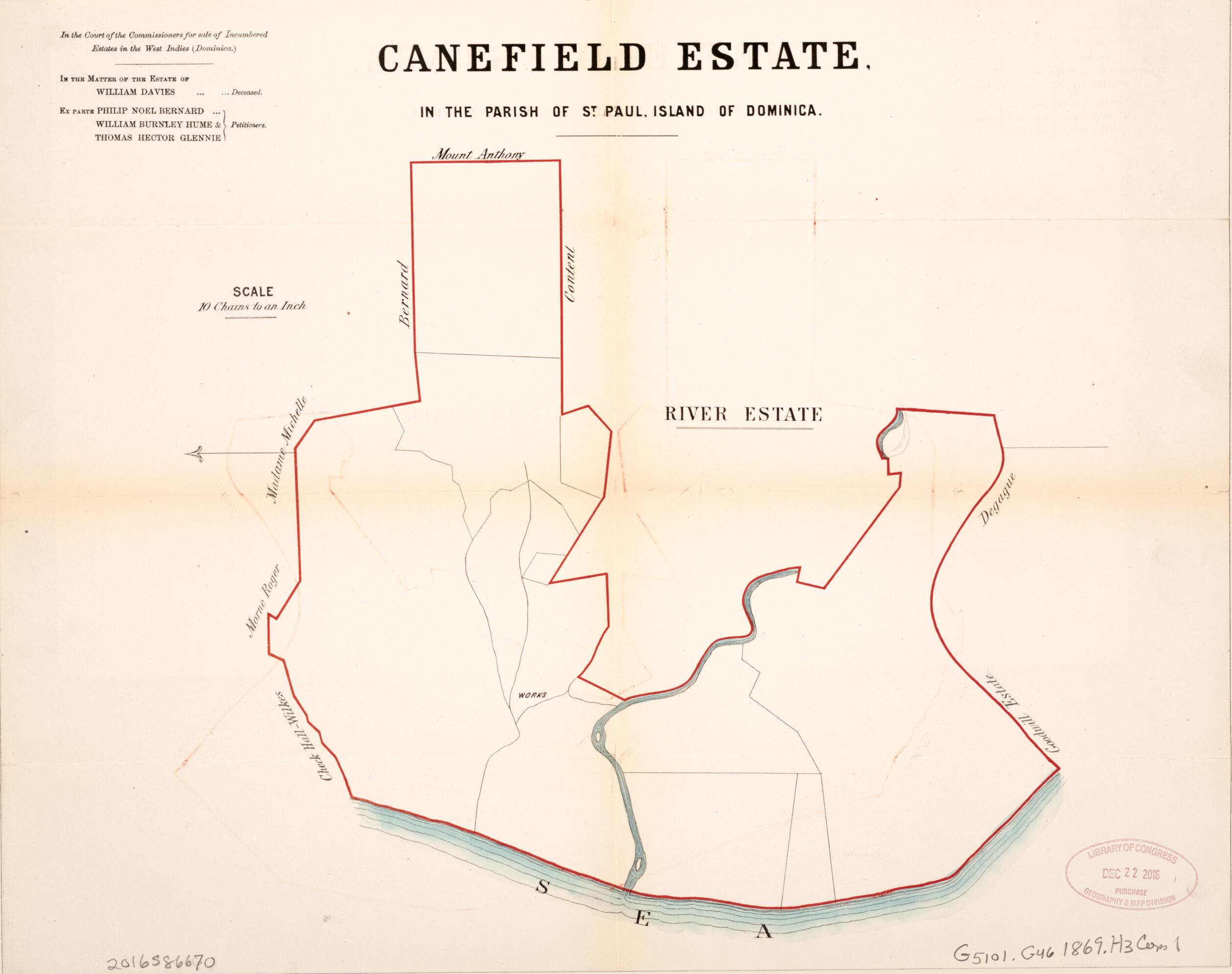 This old map of Canefield Estate from Encumbered Estates In the West Indies (Dominica) from 1869 was created by Vaughan &amp; Leifchild (Firm) Hards in 1869