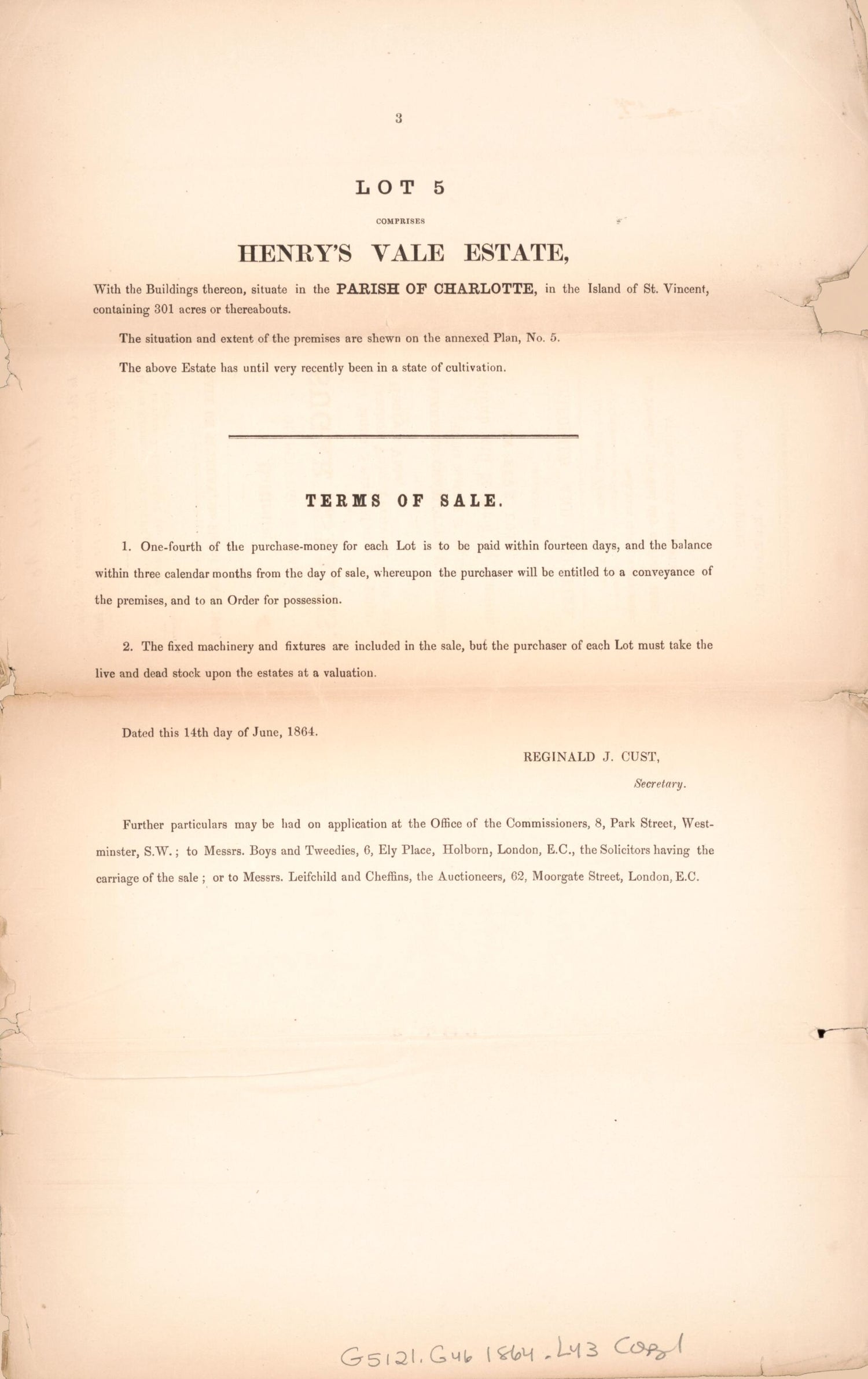 This old map of Page 3 - Lot 5 from Encumbered Estates In the West Indies (St. Vincent) from 1864 was created by Henry James Stonor in 1864