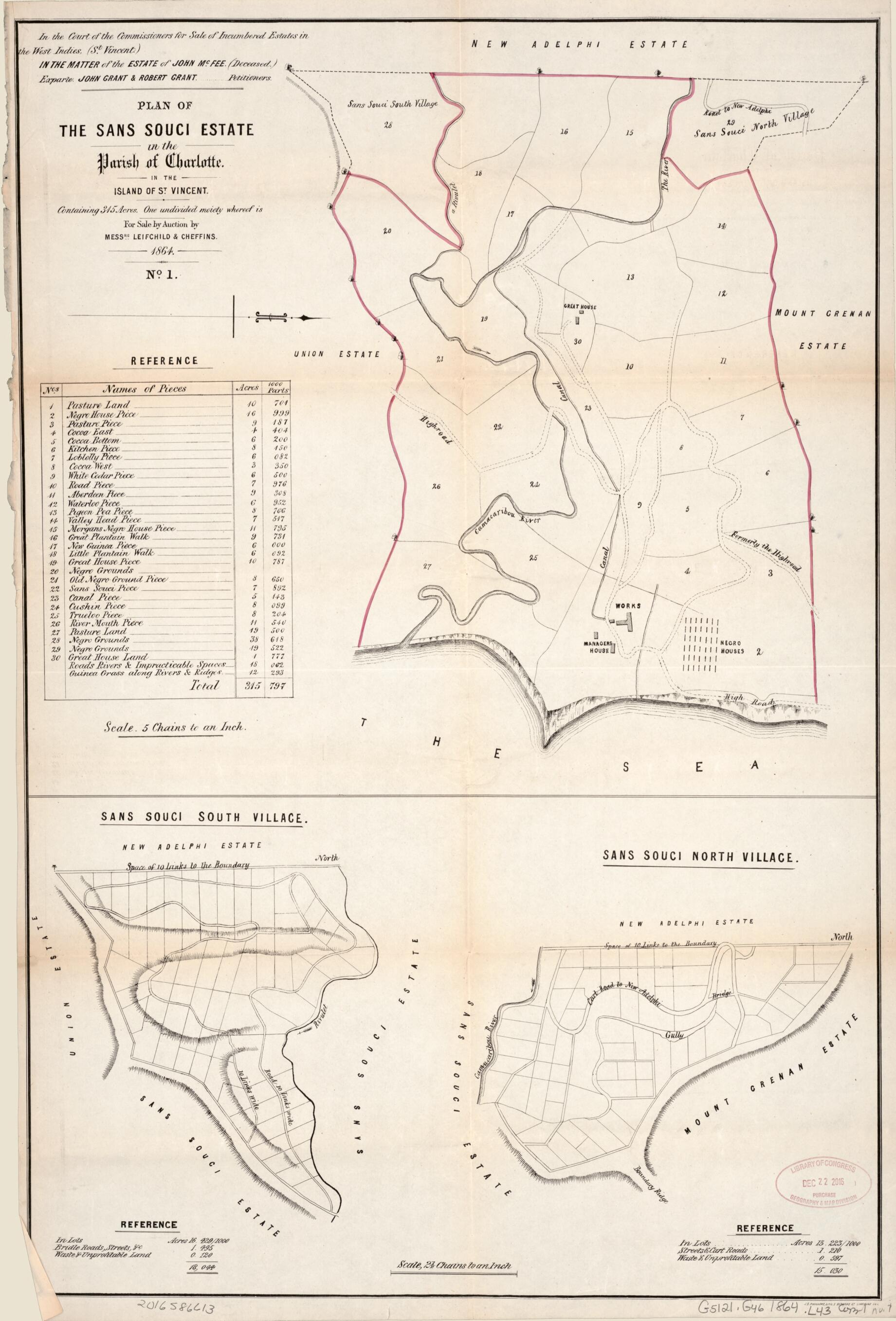 This old map of Plan of the Sans Souci Estate from Encumbered Estates In the West Indies (St. Vincent) from 1864 was created by Henry James Stonor in 1864