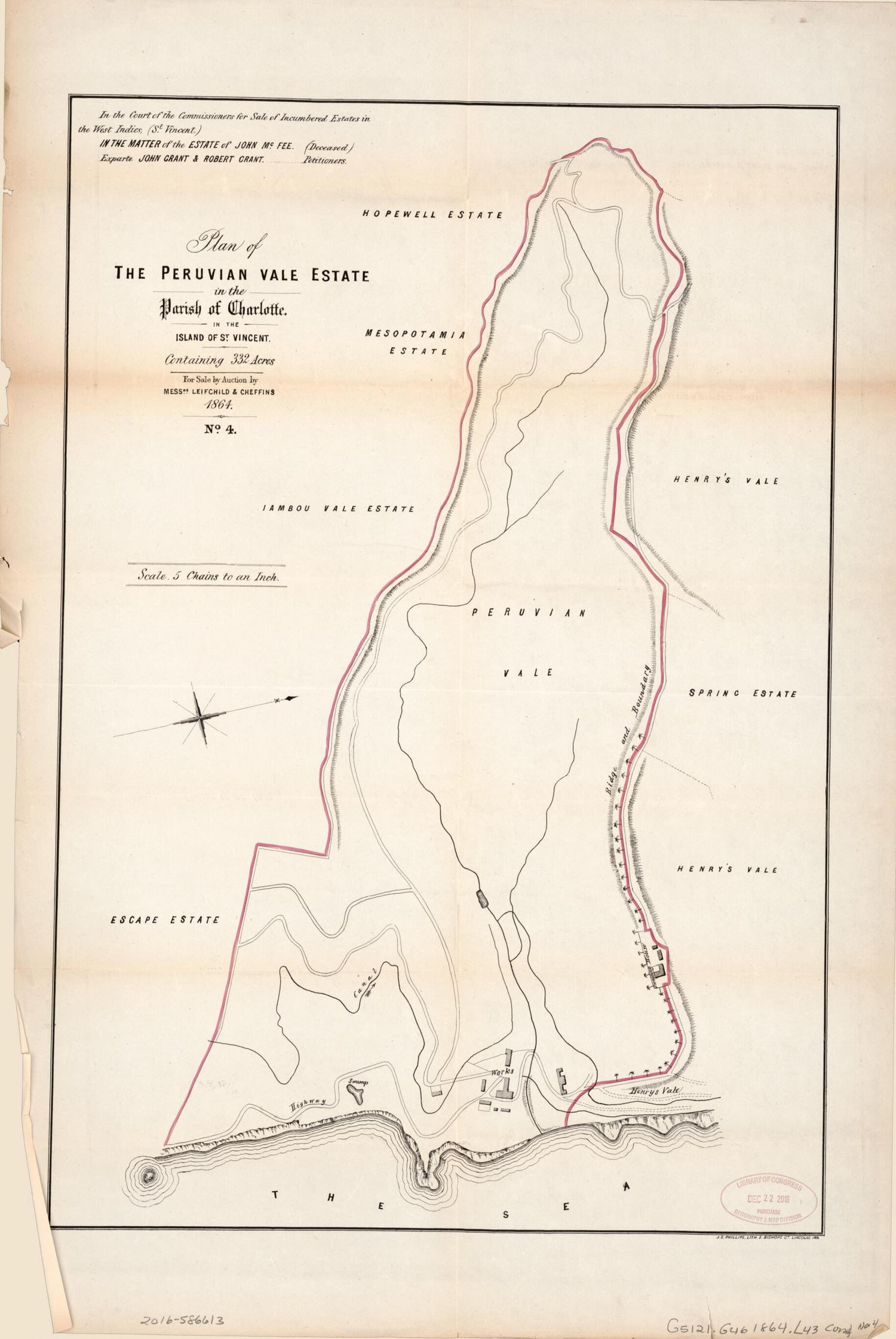 This old map of Plan of the Peruvian Vale Estate from Encumbered Estates In the West Indies (St. Vincent) from 1864 was created by Henry James Stonor in 1864