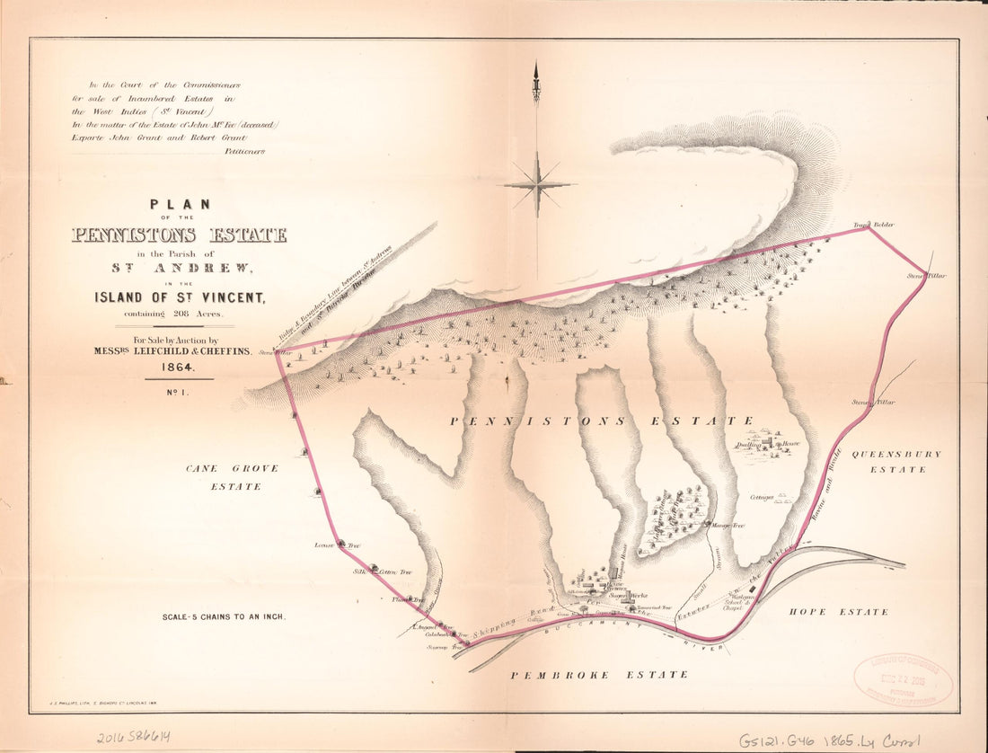 This old map of Plan of the Pennistons Estate from Encumbered Estates In the West Indies (St. Vincent) from 1865 was created by Henry James Stonor in 1865