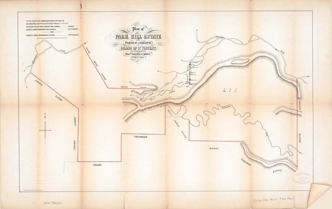 This old map of Plan of Park Hill Estate from Encumbered Estates In the West Indies (St. Vincent) from 1864 was created by Henry James Stonor in 1864