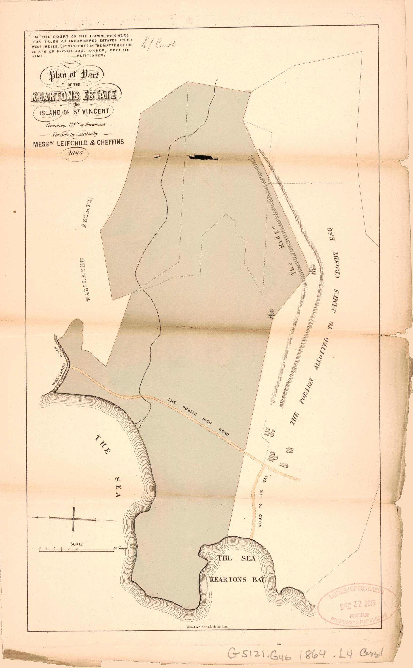 This old map of Plan of Part of the Keartons Estate from Encumbered Estates In the West Indies (St. Vincent) from 1864 was created by Henry James Stonor in 1864