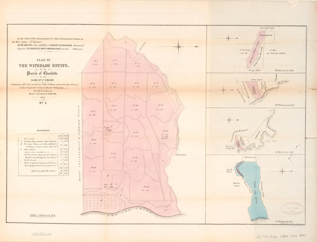 This old map of Plan of the Waterloo Estate from Encumbered Estates In the West Indies (St. Vincent) from 1864 was created by Henry James Stonor in 1864