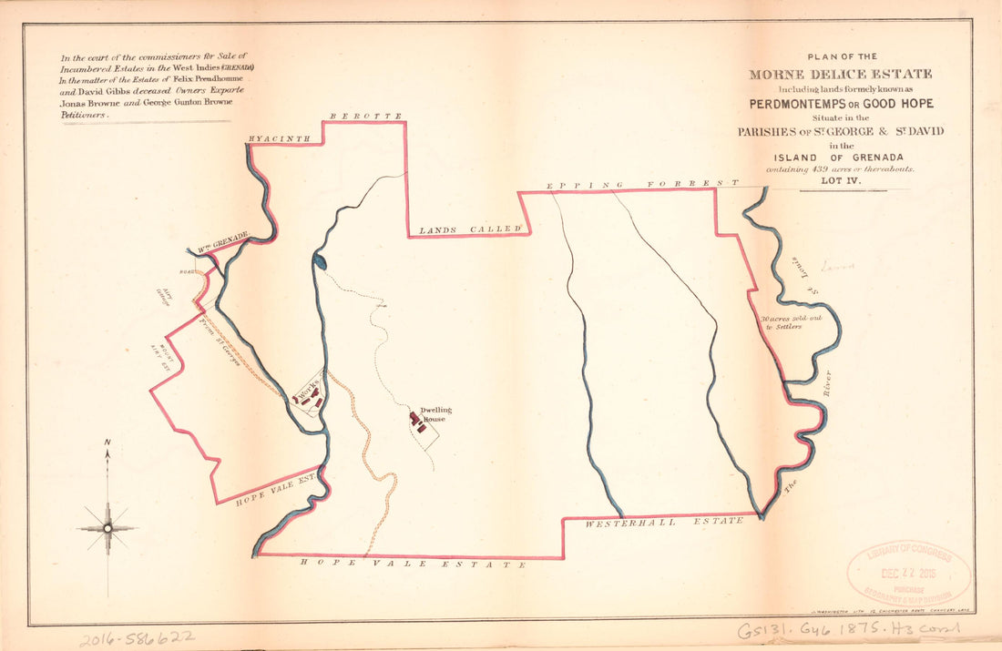 This old map of Plan of the Morne Delice Estate from Encumbered Estates In the West Indies (Grenada) from 1875 was created by Vaughan Hards in 1875