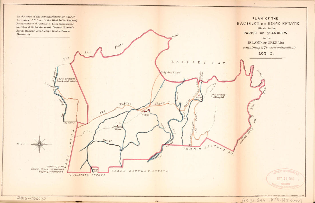 This old map of Plan of the Bacolet Or Hope Estate from Encumbered Estates In the West Indies (Grenada) from 1875 was created by Vaughan Hards in 1875