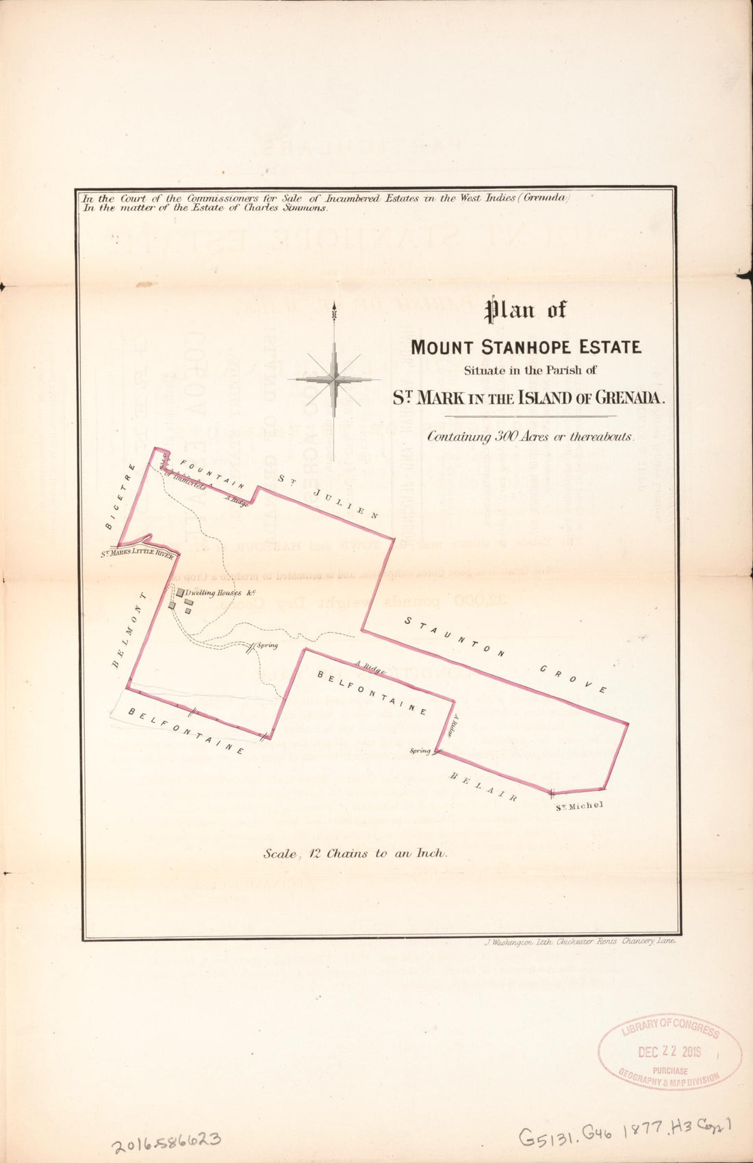 This old map of Plan of Mount Stanhope Estate from Encumbered Estates In the West Indies (Grenada) from 1877 was created by Vaughan Hards in 1877