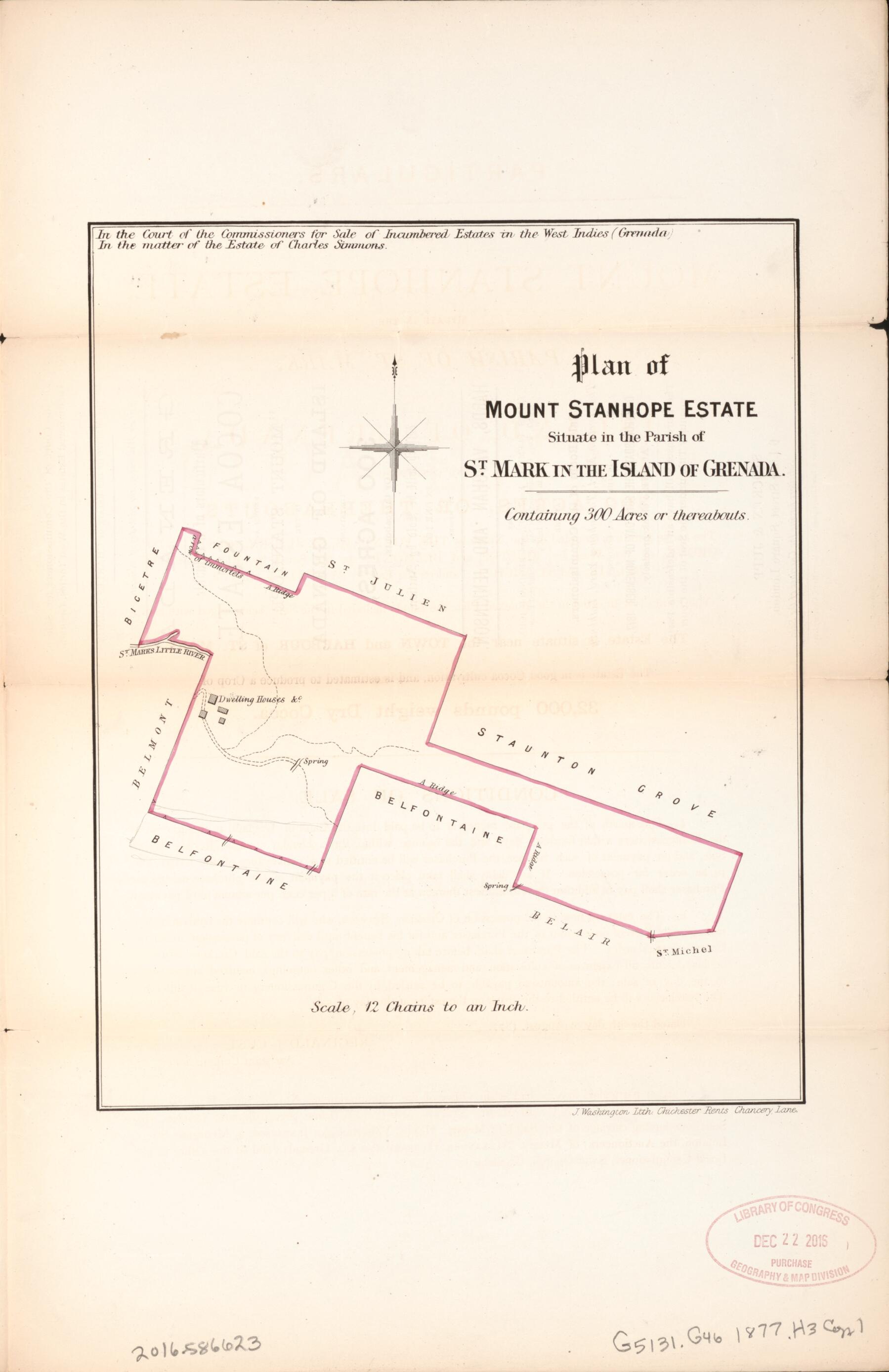 This old map of Plan of Mount Stanhope Estate from Encumbered Estates In the West Indies (Grenada) from 1877 was created by Vaughan Hards in 1877