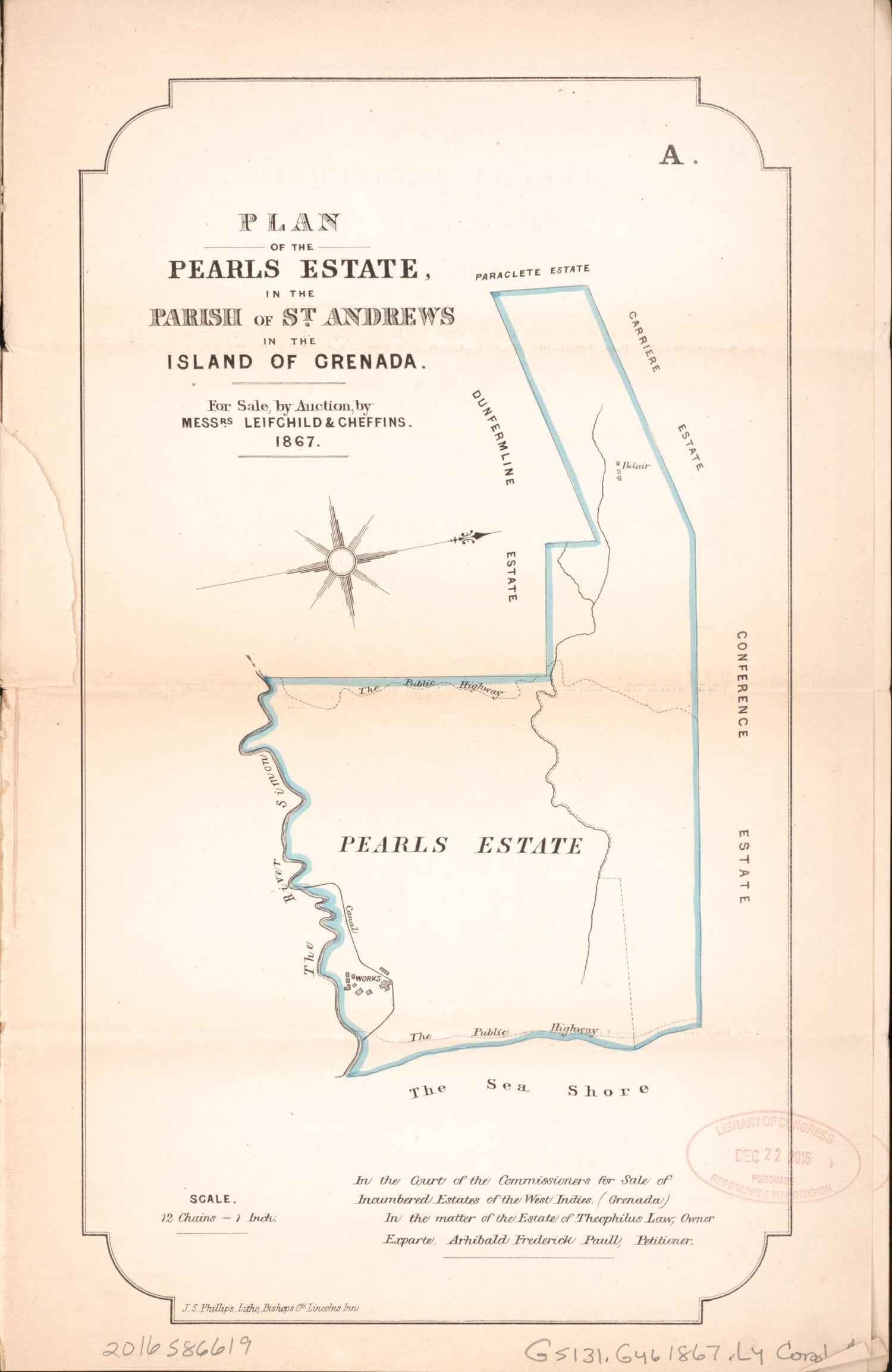 This old map of Plan of the Pearls Estate from Encumbered Estates In the West Indies (Grenada) from 1867 was created by  Leifchild &amp; Cheffins (Firm) in 1867