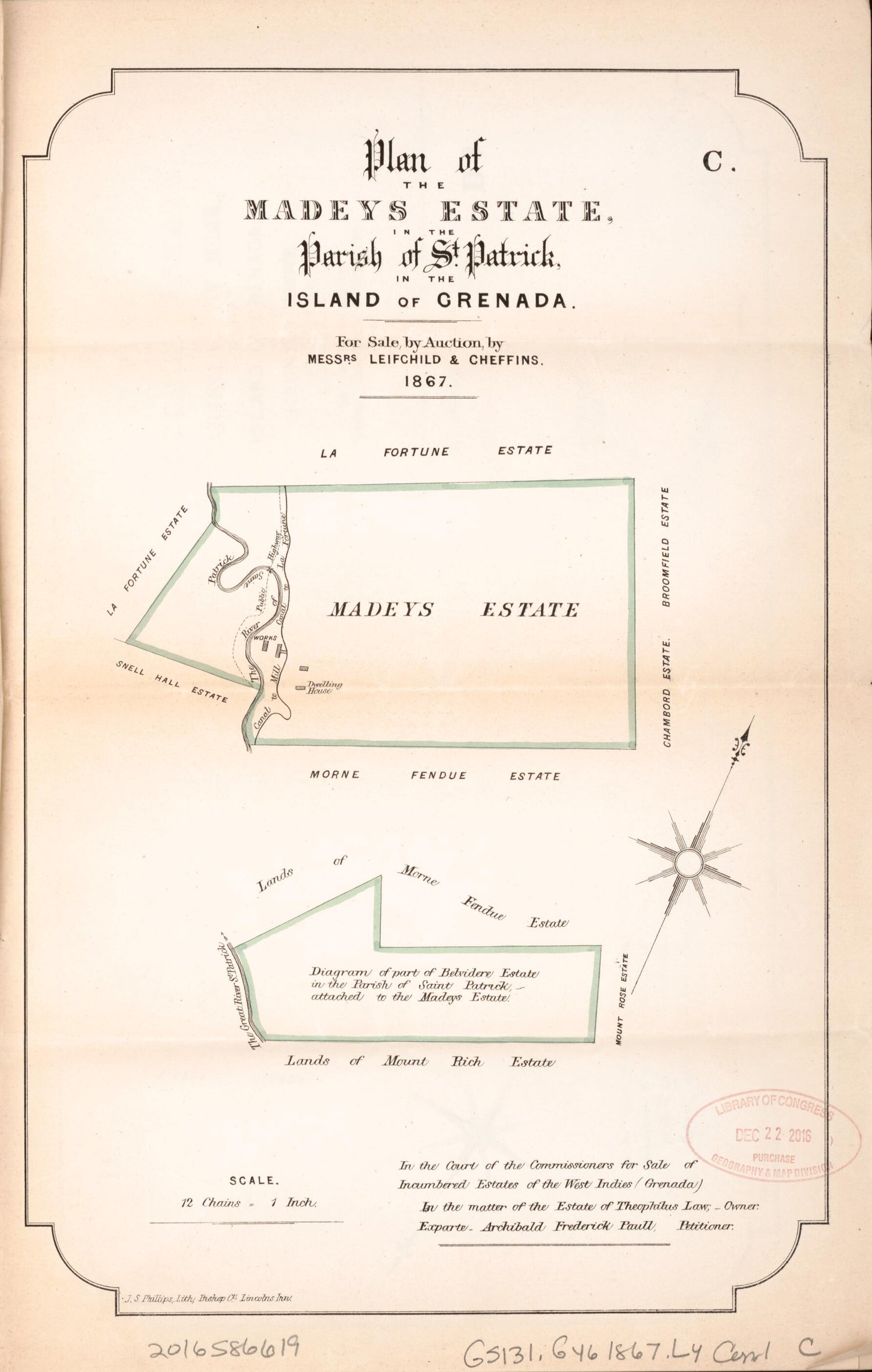 This old map of Plan of the Madeys Estate from Encumbered Estates In the West Indies (Grenada) from 1867 was created by  Leifchild &amp; Cheffins (Firm) in 1867