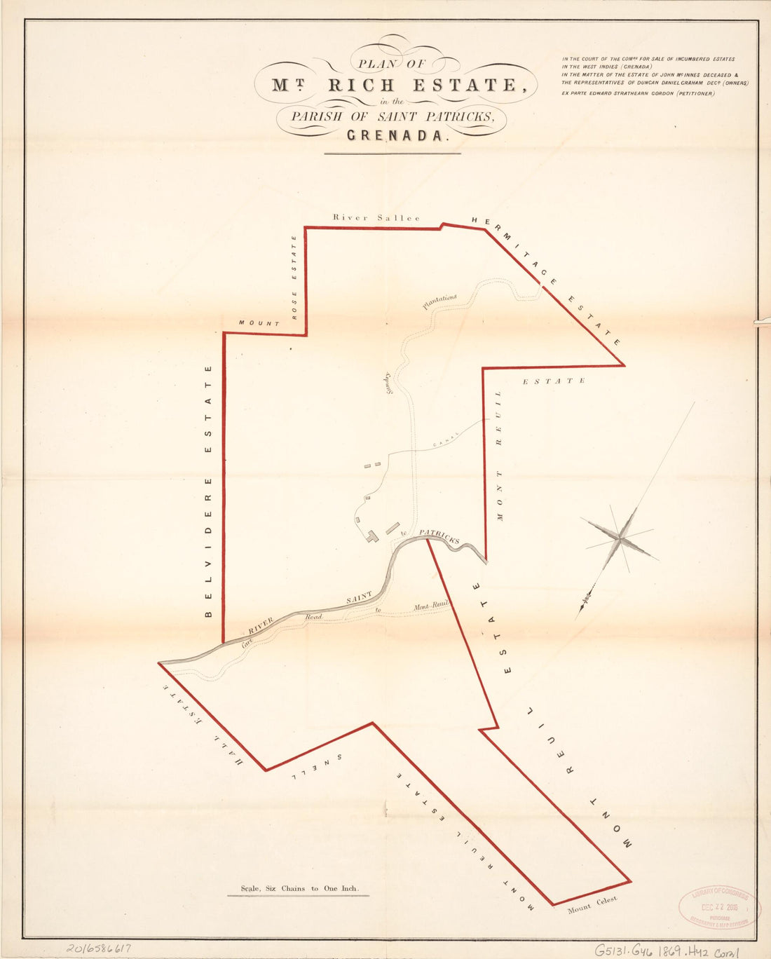 This old map of Plan of Mt. Rich Estate from Encumbered Estates In the West Indies (Grenada) from 1869 was created by Vaughan &amp; Leifchild (Firm) Hards in 1869