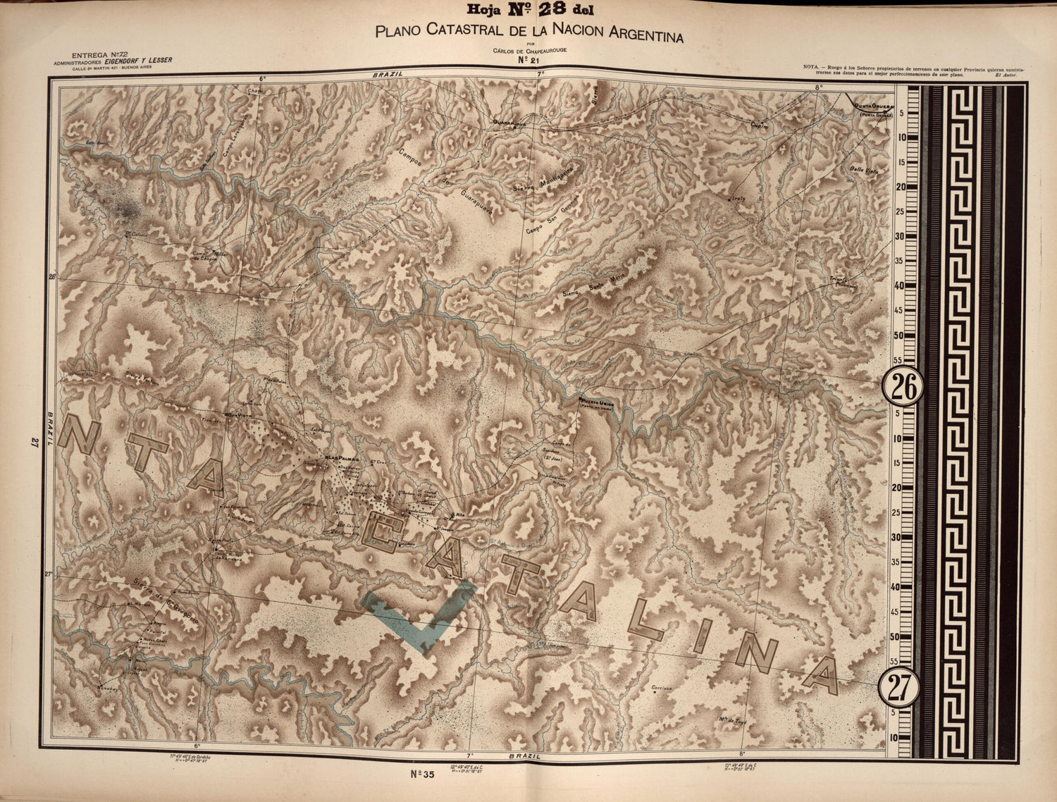 This old map of Plano Catastral De La Nacion Argentina, Hoja No. 28 from Argentina from 1901 was created by Carlos De Chapeaurouge in 1901